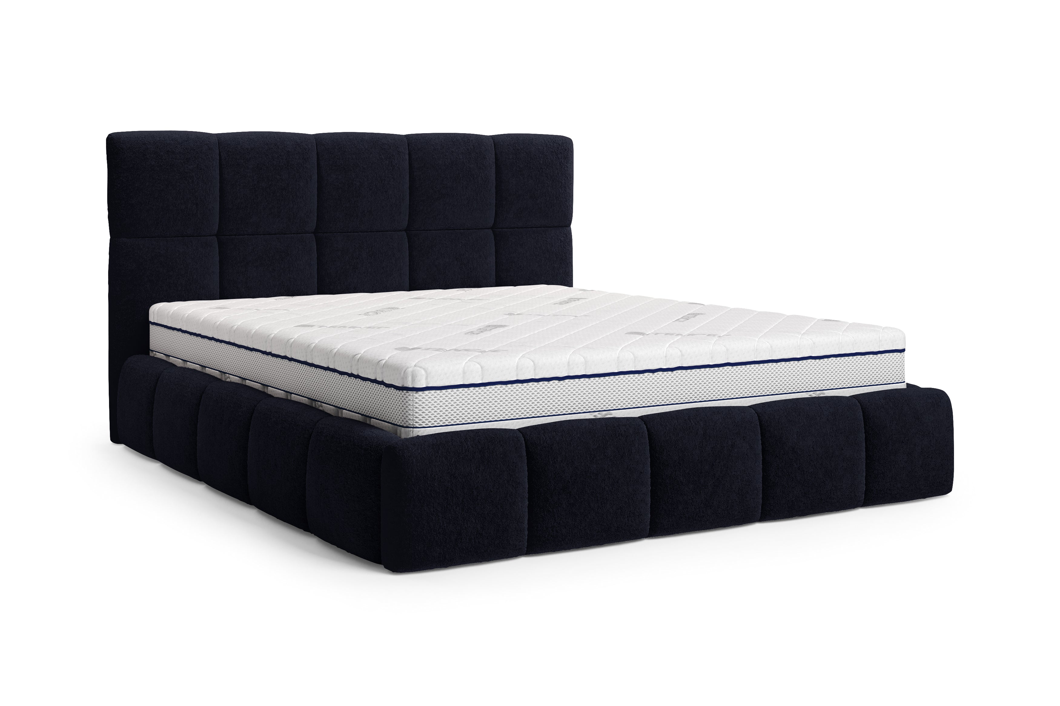 Lit Ravignan 180x200 en tissu peluche poil court bleu Paname Avenue, vue trois-quarts sur fond blanc