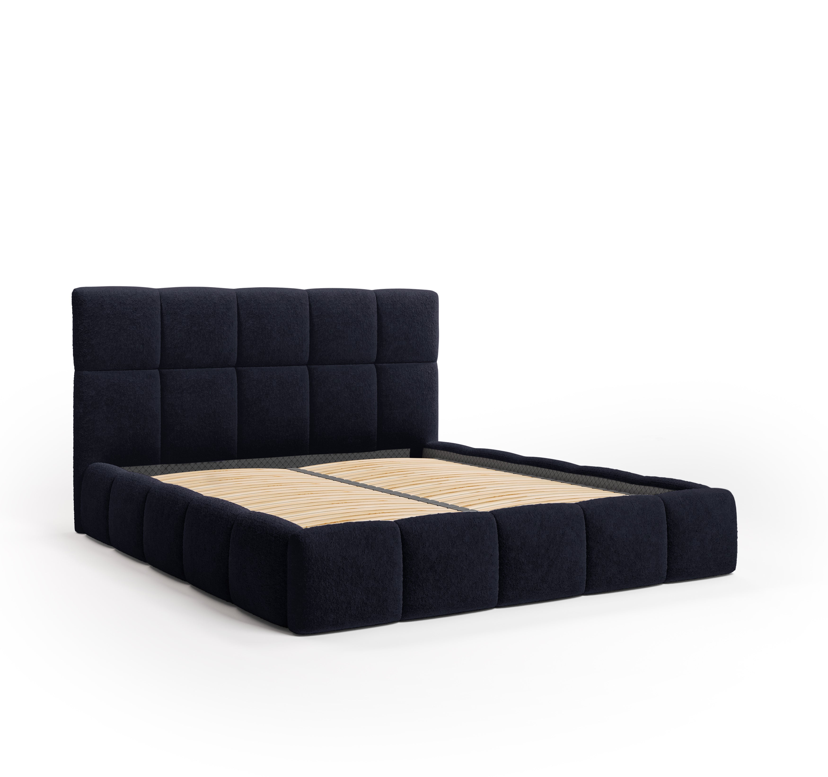 Lit Ravignan 180x200 en tissu peluche poil court bleu Paname Avenue, vue trois-quarts sans matelas sur fond blanc