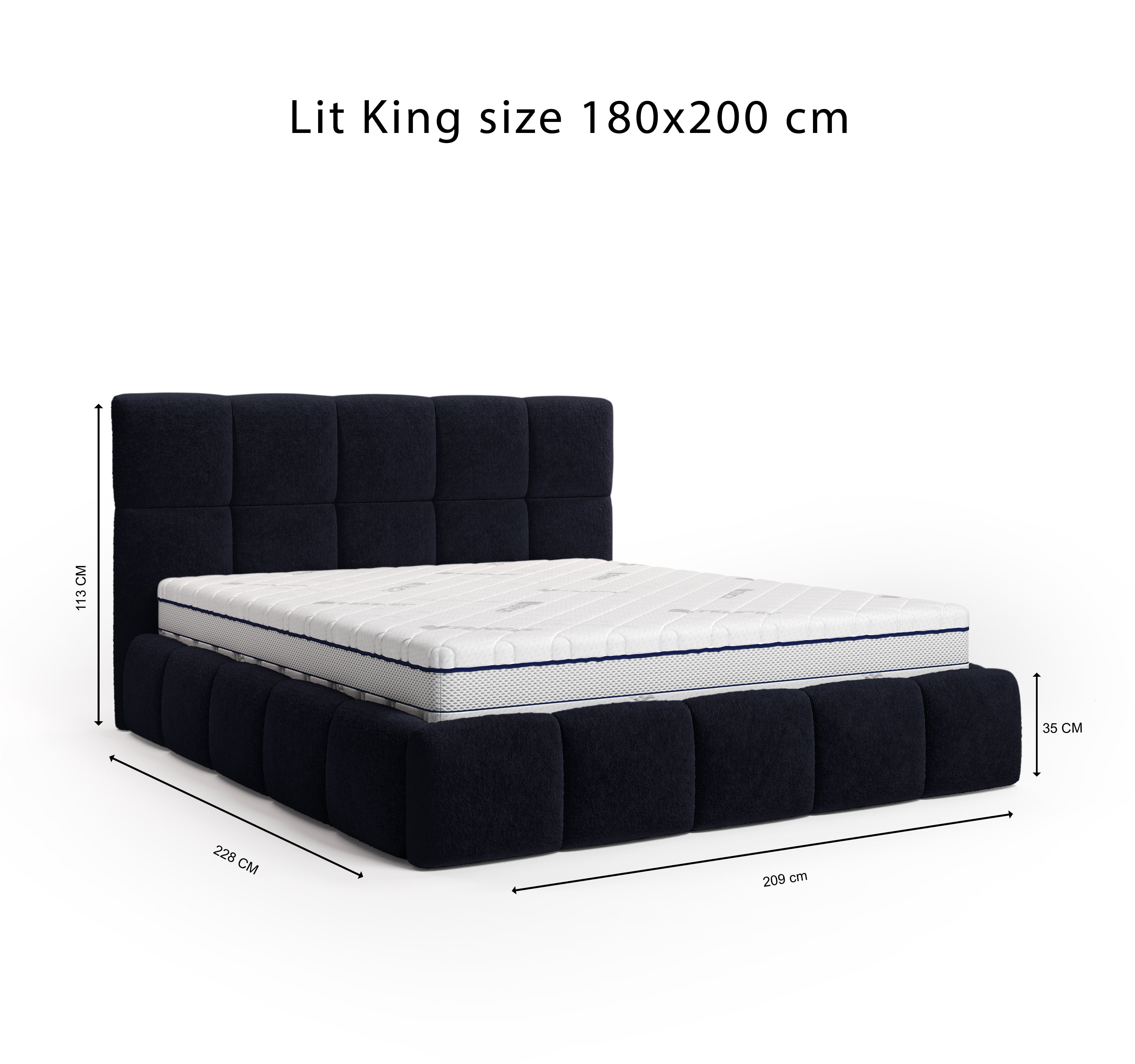 Lit Ravignan 180x200 en tissu peluche poil court bleu Paname Avenue, schéma des dimensions du lit