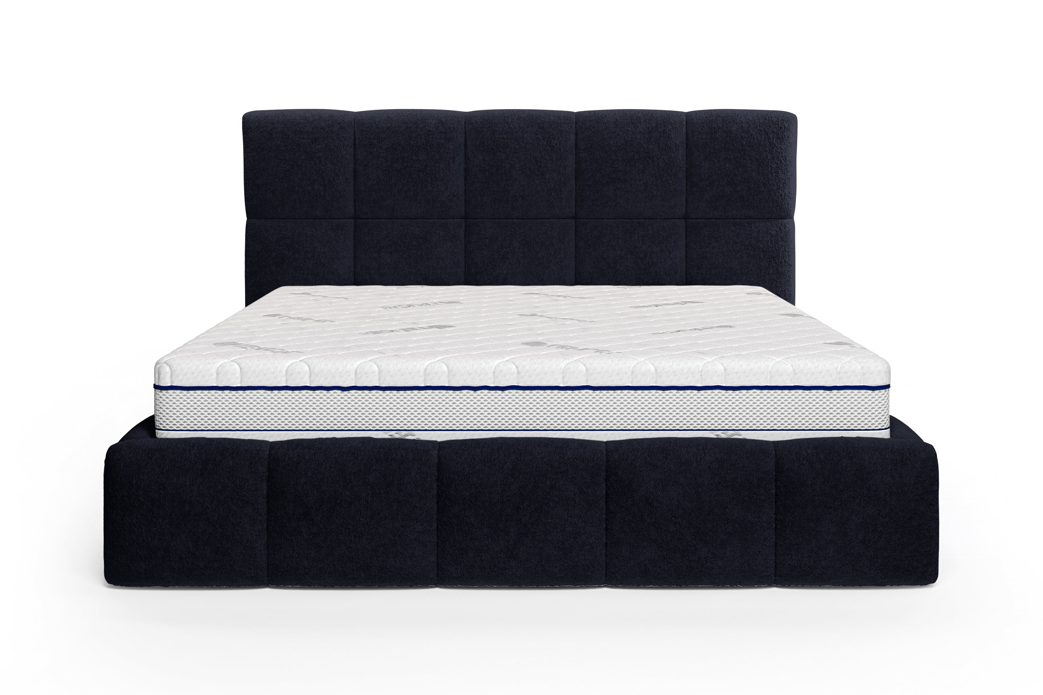 Lit Ravignan 180x200 en tissu peluche poil court bleu Paname Avenue, vue de face sur fond blanc