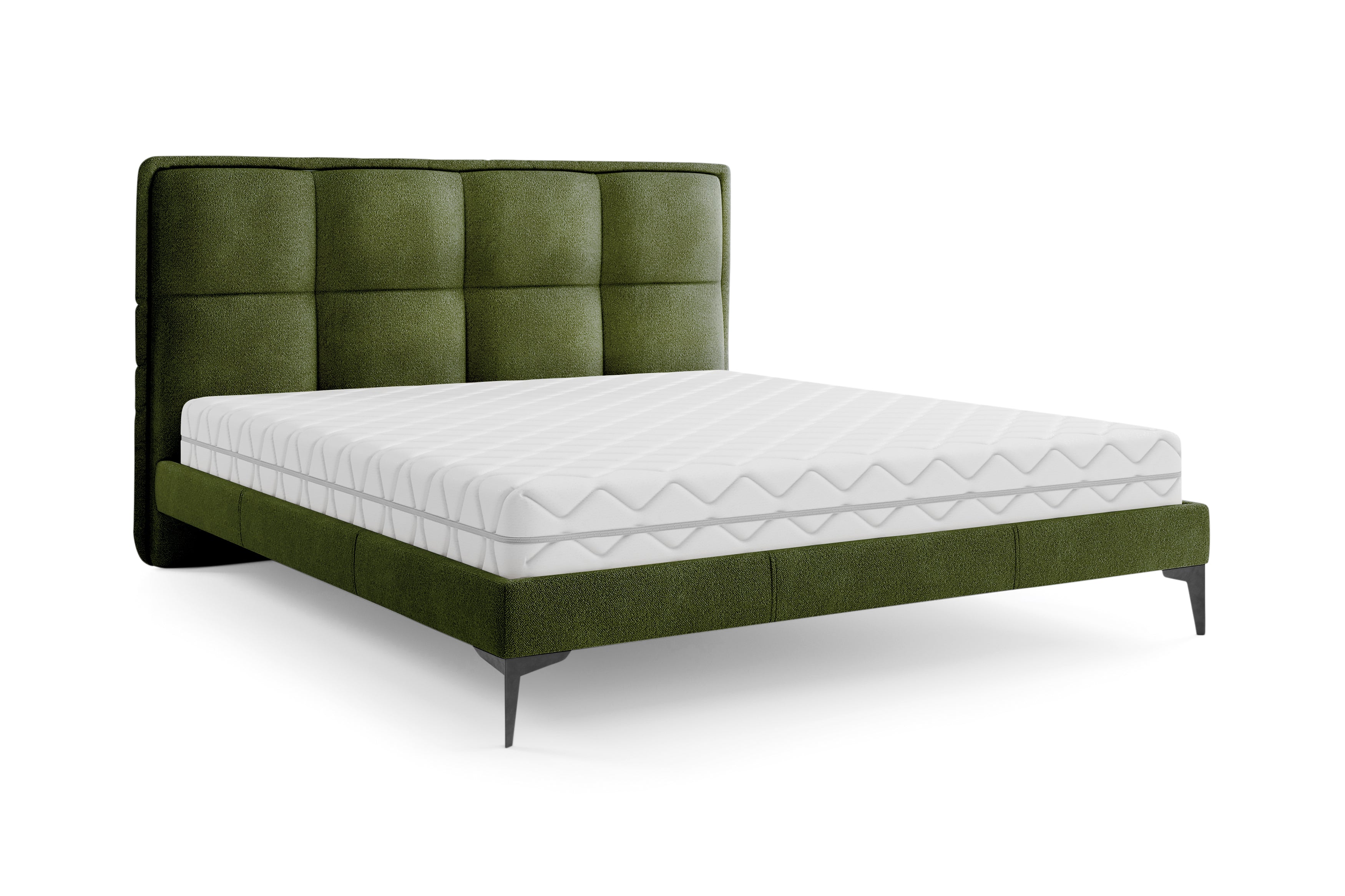 Lit Valmy 180x200 en tissu bouclette vert olive Paname Avenue, vue trois-quarts sur fond blanc