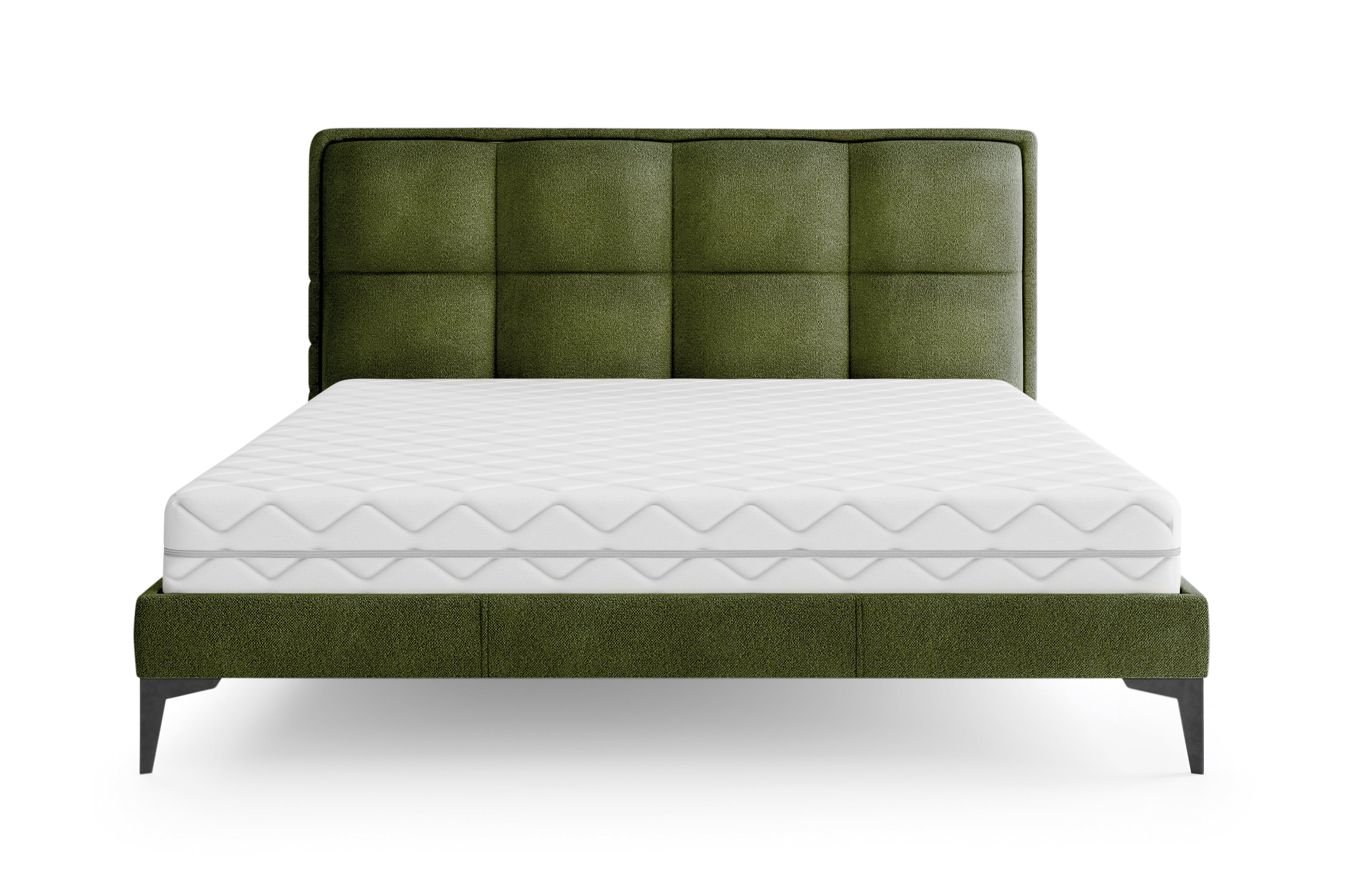 Lit Valmy 180x200 en tissu bouclette vert olive Paname Avenue, vue de face sur fond blanc