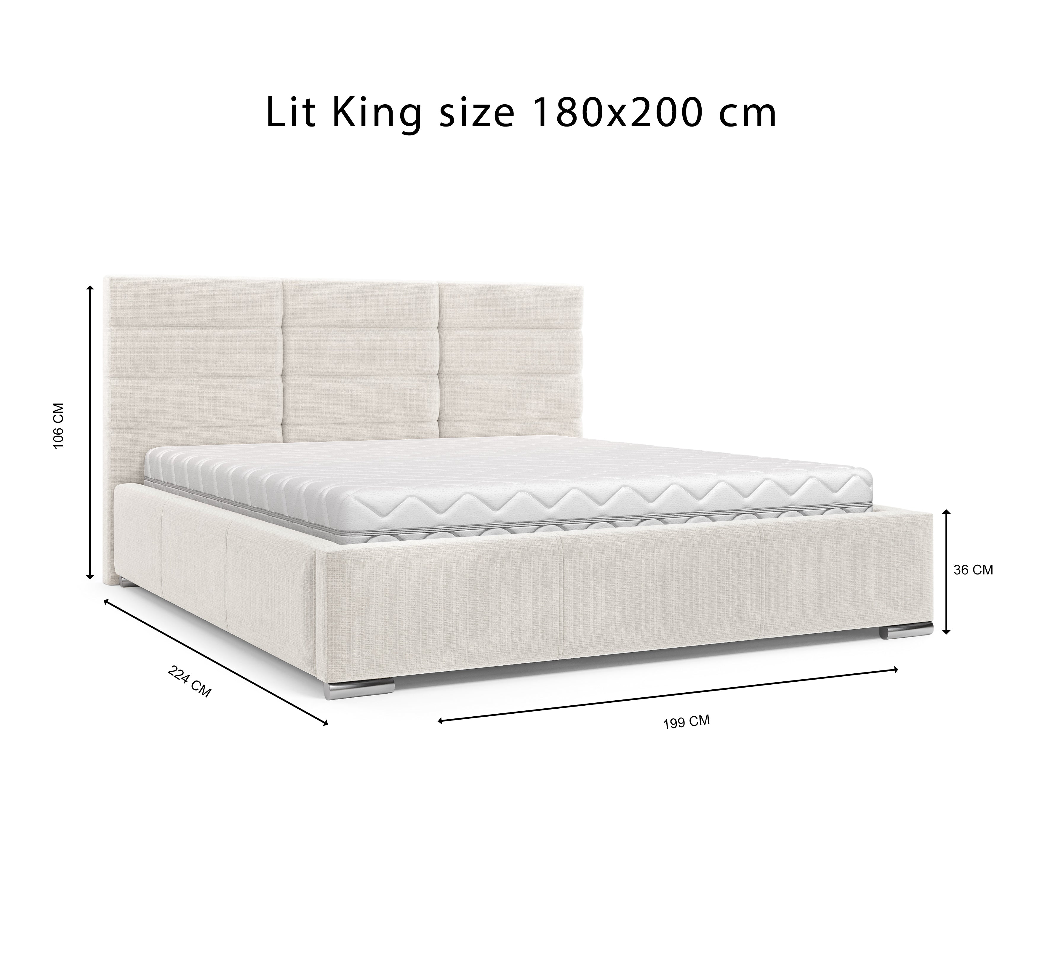 Lit Victor Massé 180x200 en tissu chenille beige Paname Avenue, schéma des dimensions du lit