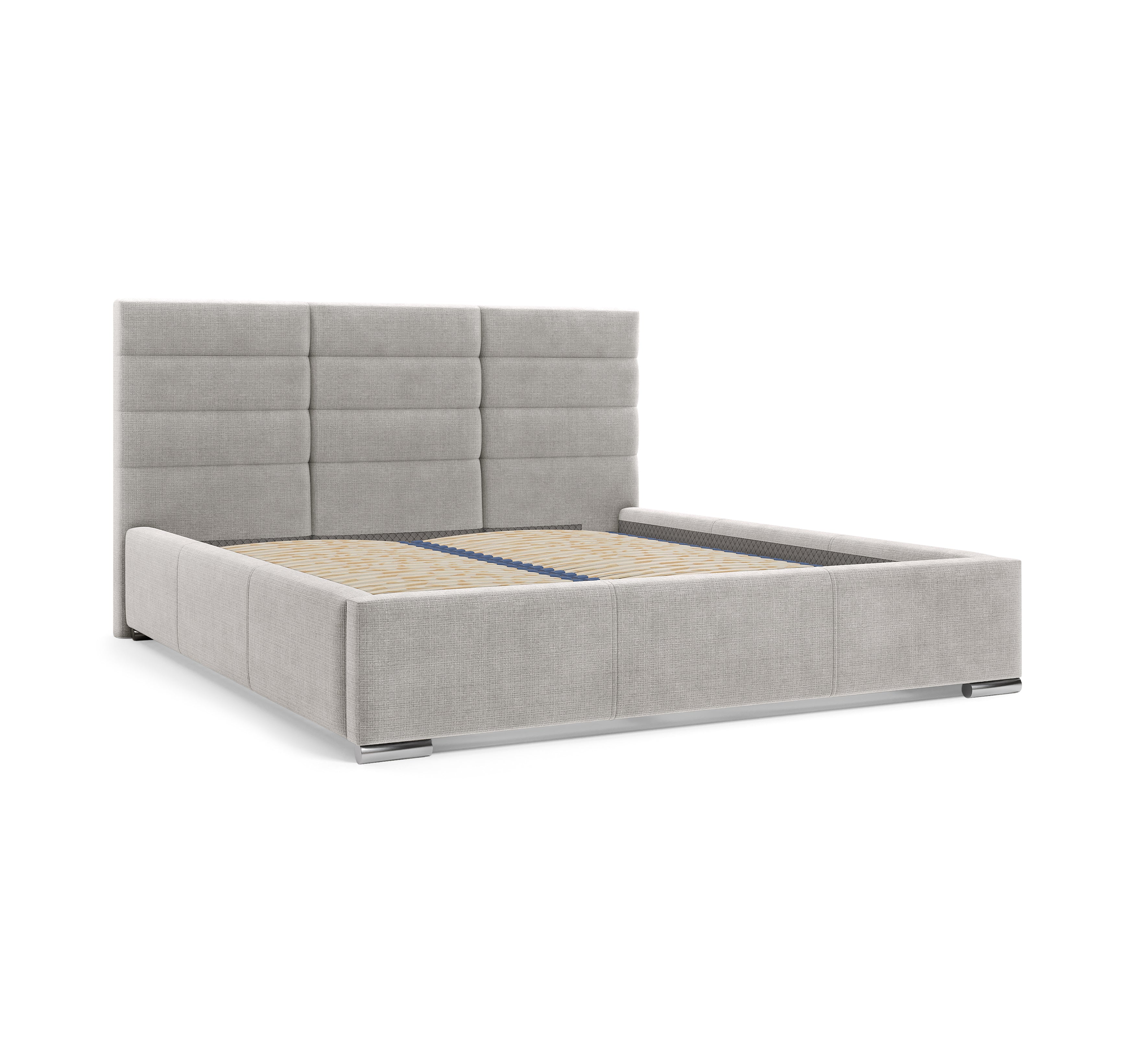 Lit Victor Massé 180x200 en tissu chenille gris clair Paname Avenue, vue trois-quarts sans matelas sur fond blanc