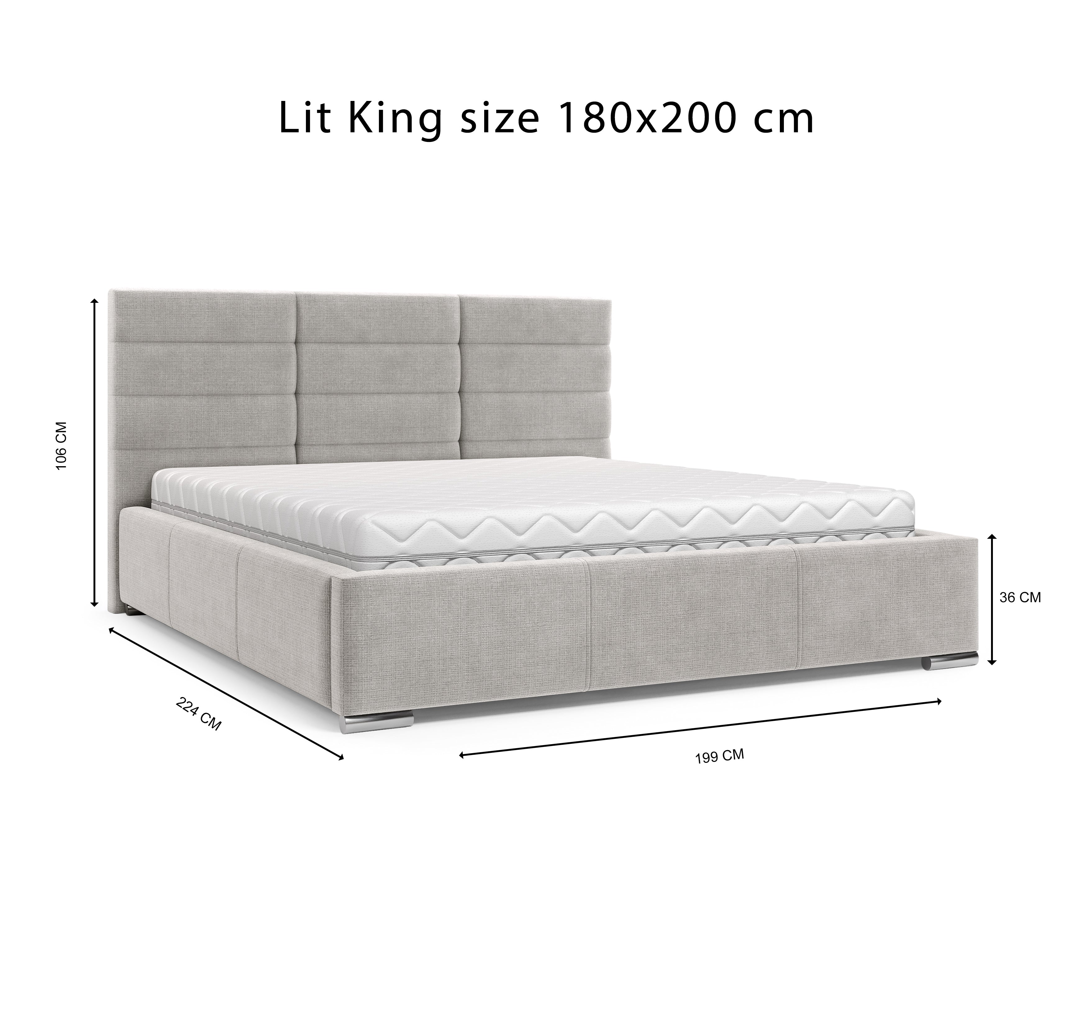 Lit Victor Massé 180x200 en tissu chenille gris clair Paname Avenue, schéma des dimensions du lit