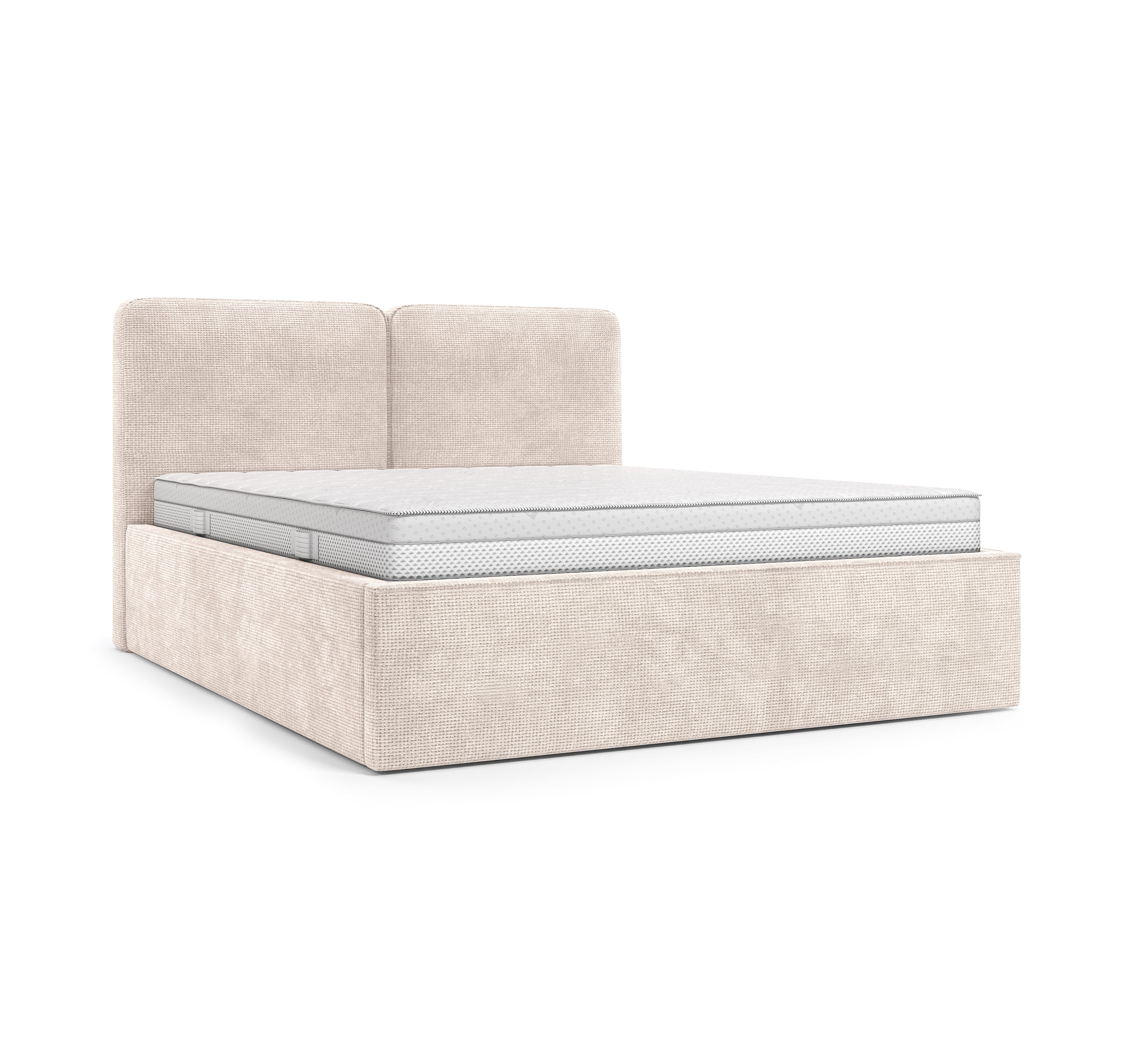 Lit coffre Arbre-Sec 140x200 en tissu chenille beige Paname Avenue, vue trois-quarts sur fond blanc