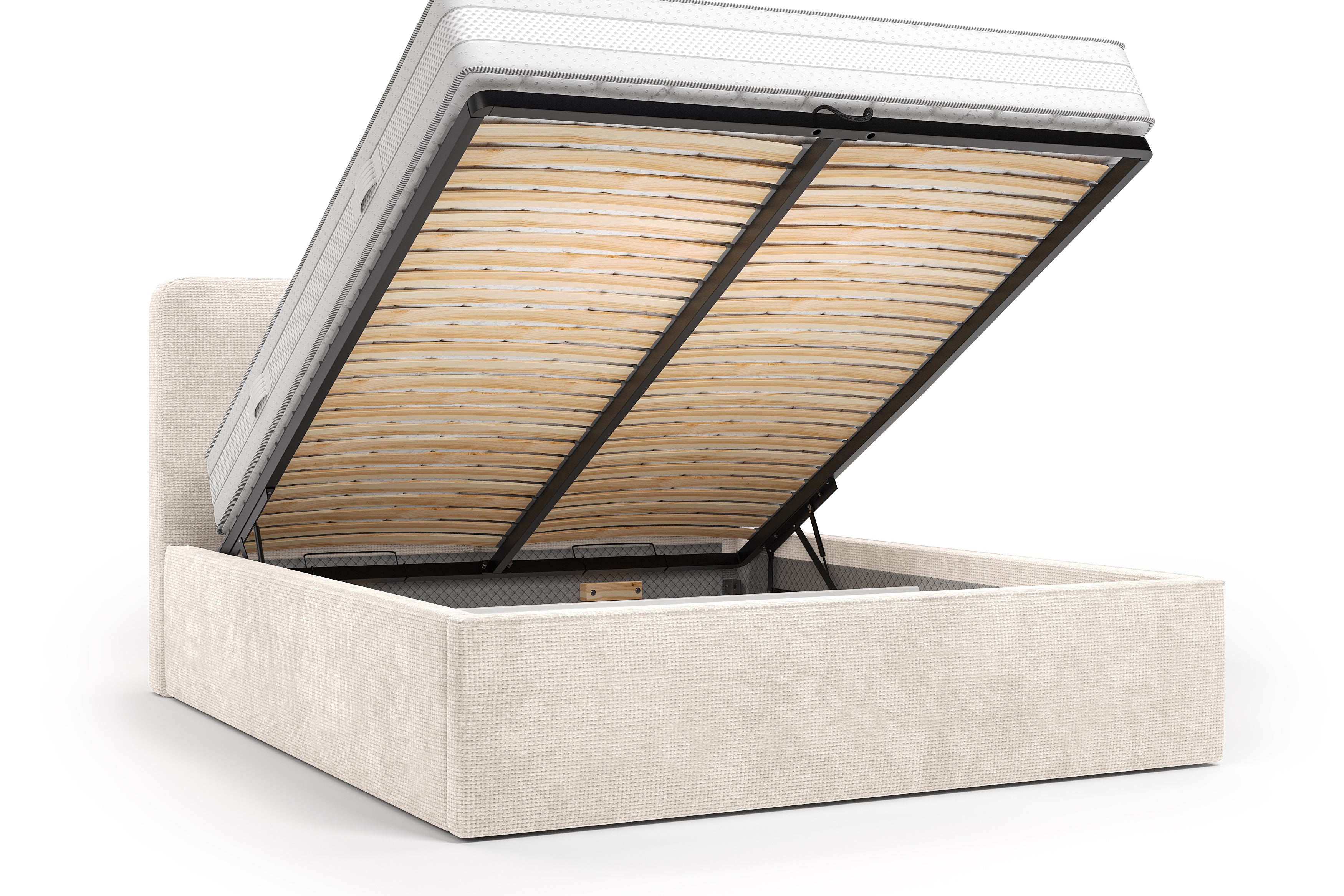 Lit coffre Arbre-Sec 140x200 en tissu chenille beige Paname Avenue, coffre de rangement ouvert sur fond blanc