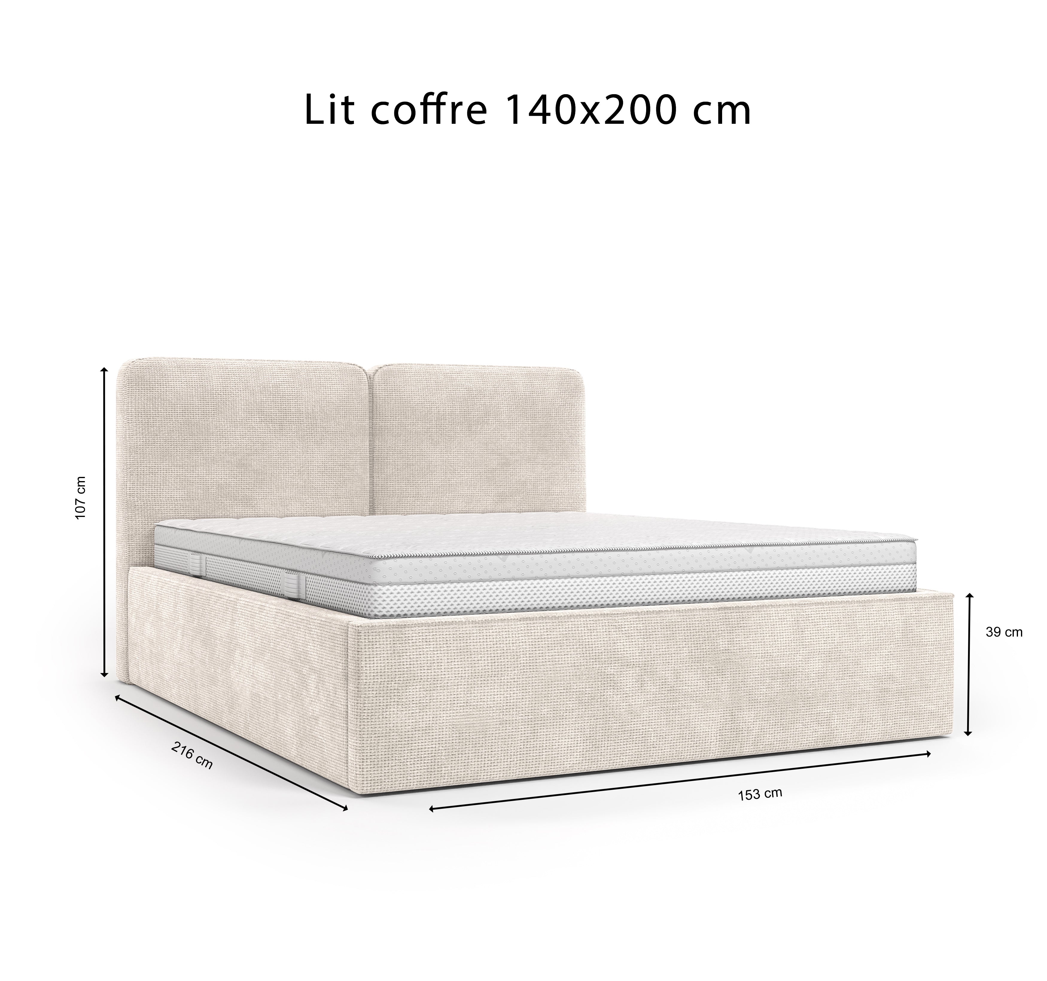 Lit coffre Arbre-Sec 140x200 en tissu chenille beige Paname Avenue, schéma des dimensions du lit