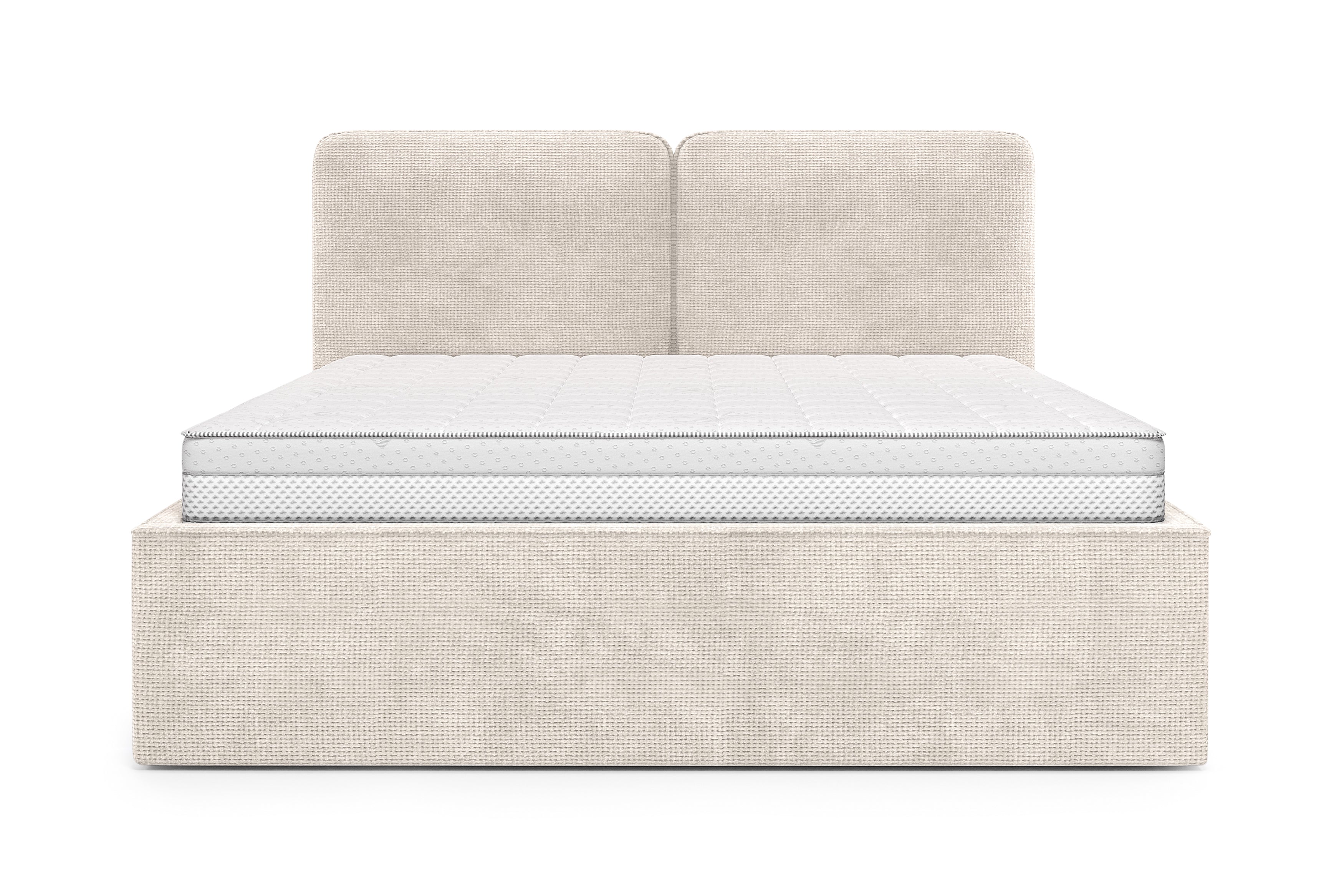 Lit coffre Arbre-Sec 140x200 en tissu chenille beige Paname Avenue, vue de face sur fond blanc