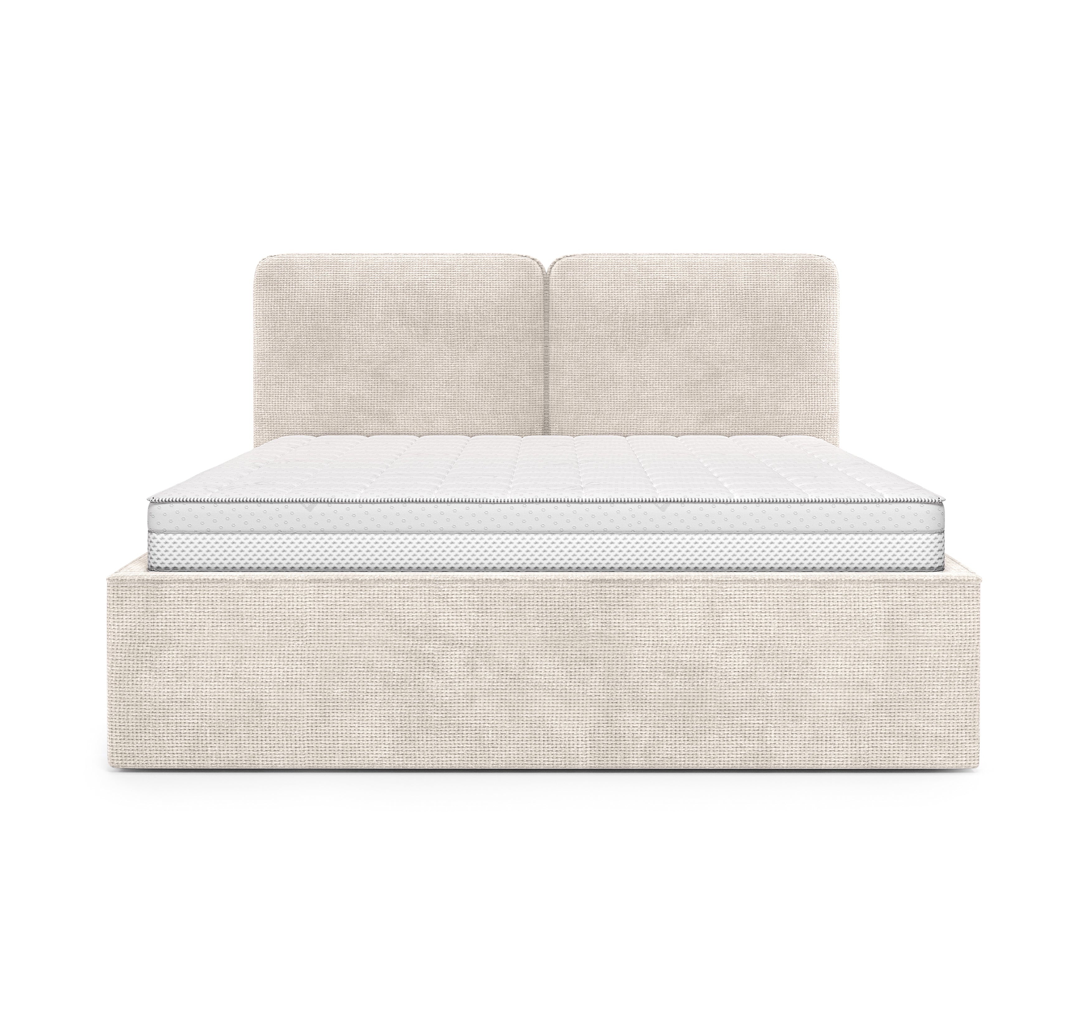 Lit coffre Arbre-Sec 140x200 en tissu chenille beige Paname Avenue, vue de face sur fond blanc