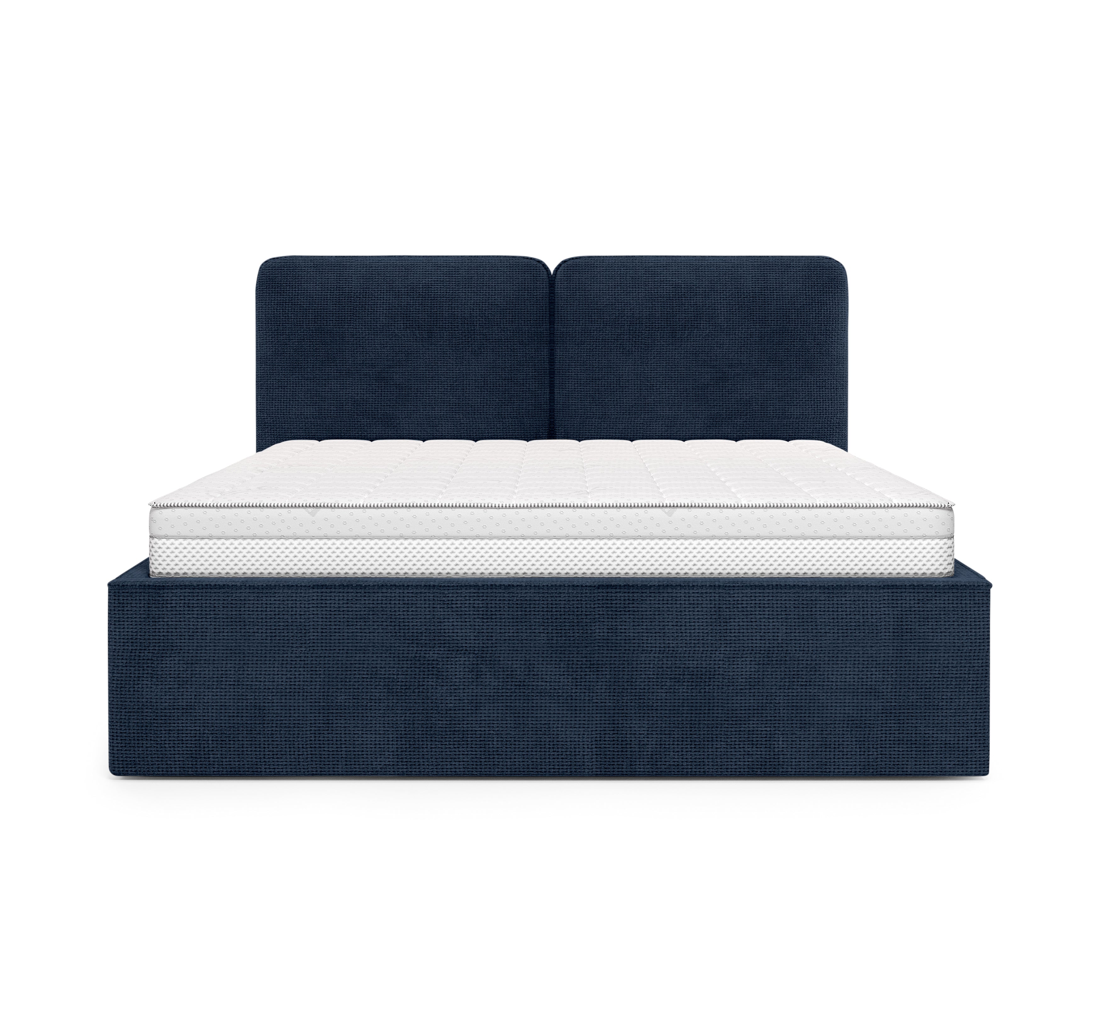 Lit coffre Arbre-Sec 140x200 en tissu chenille bleu Paname Avenue, vue de face sur fond blanc