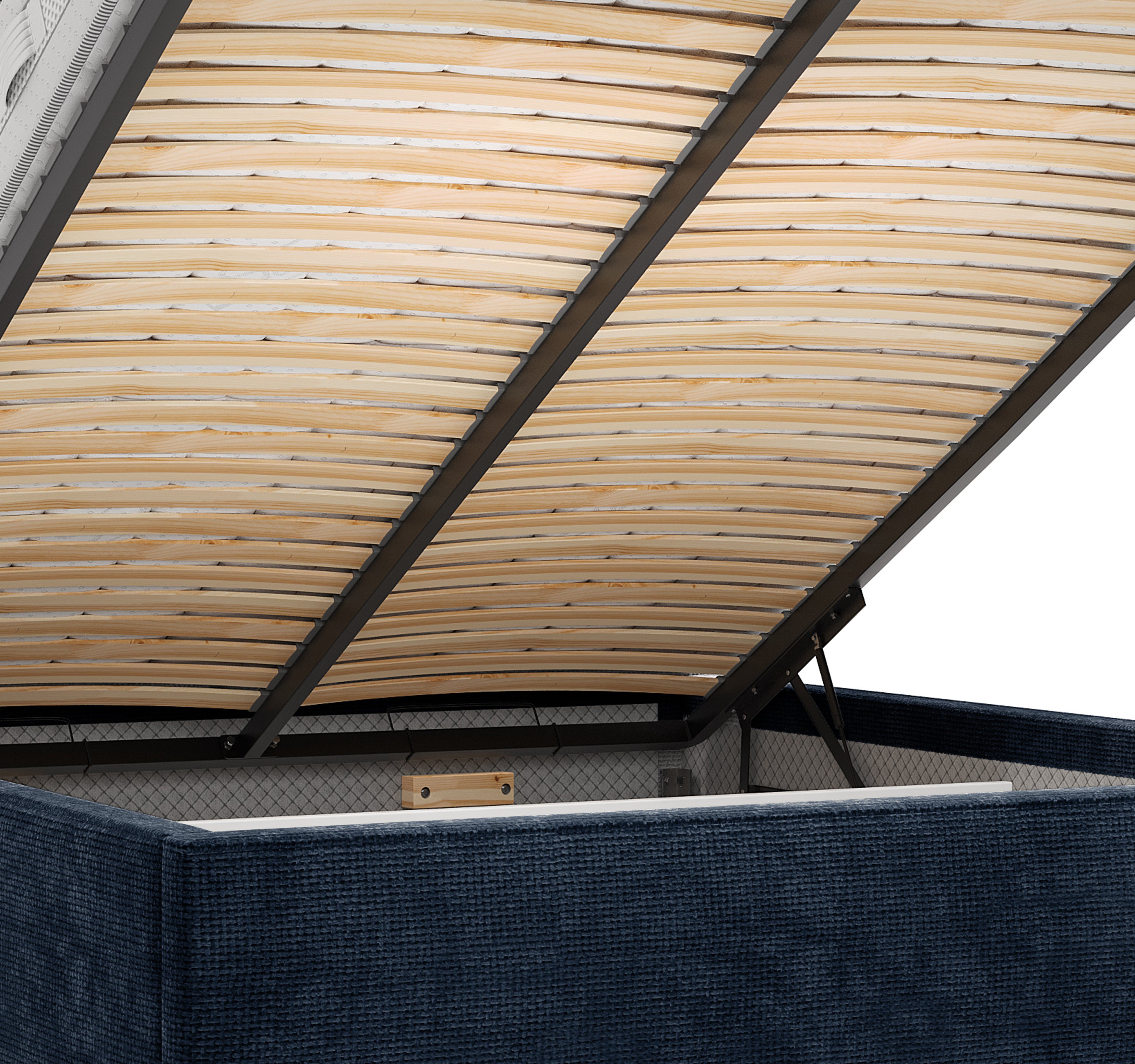 Lit coffre Arbre-Sec 140x200 en tissu chenille bleu Paname Avenue, zoom sur le mécanisme de levage