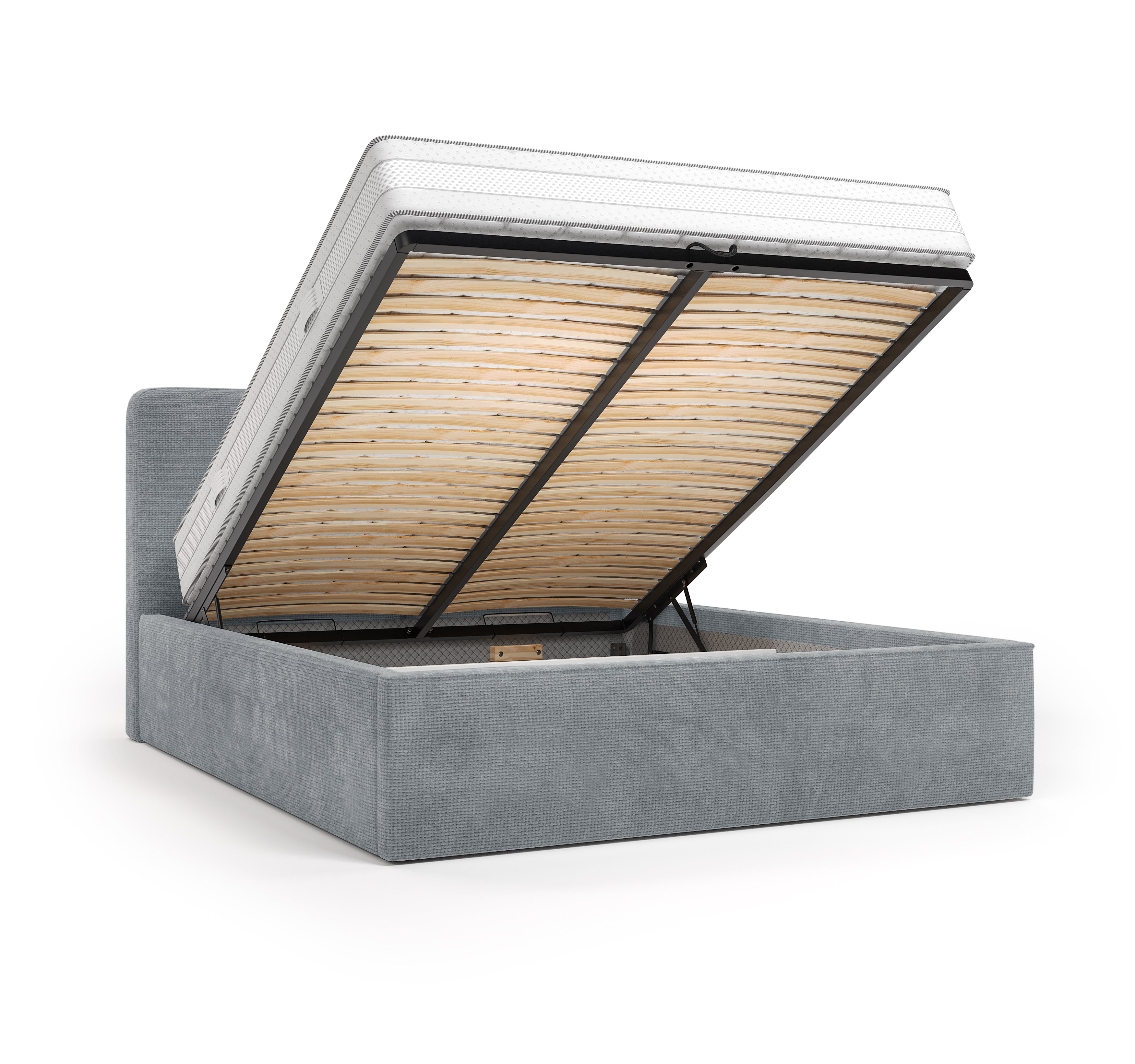 Lit coffre Arbre-Sec 140x200 en tissu chenille gris Paname Avenue, coffre de rangement ouvert sur fond blanc