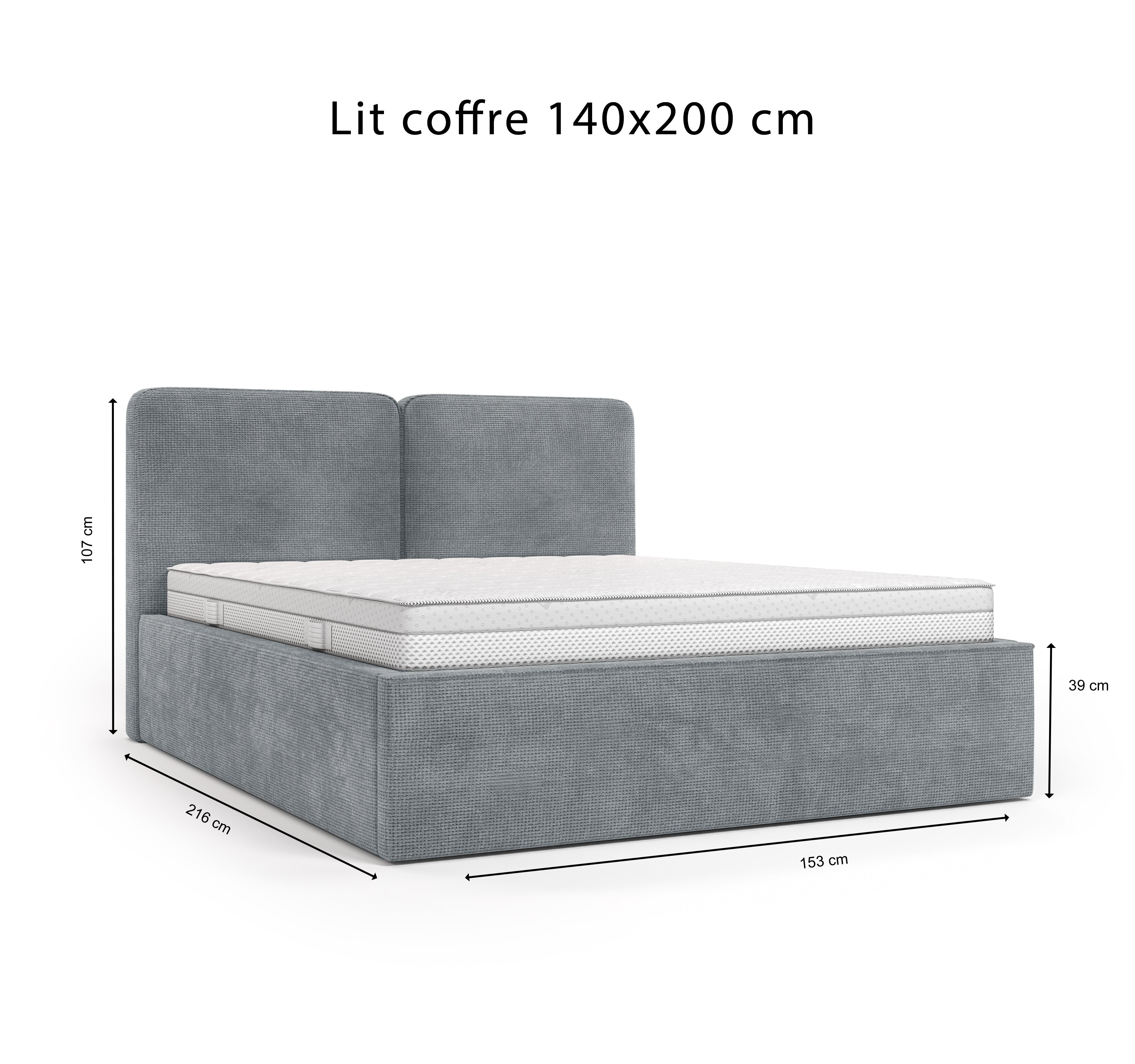 Lit coffre Arbre-Sec 140x200 en tissu chenille gris Paname Avenue, schéma des dimensions du lit