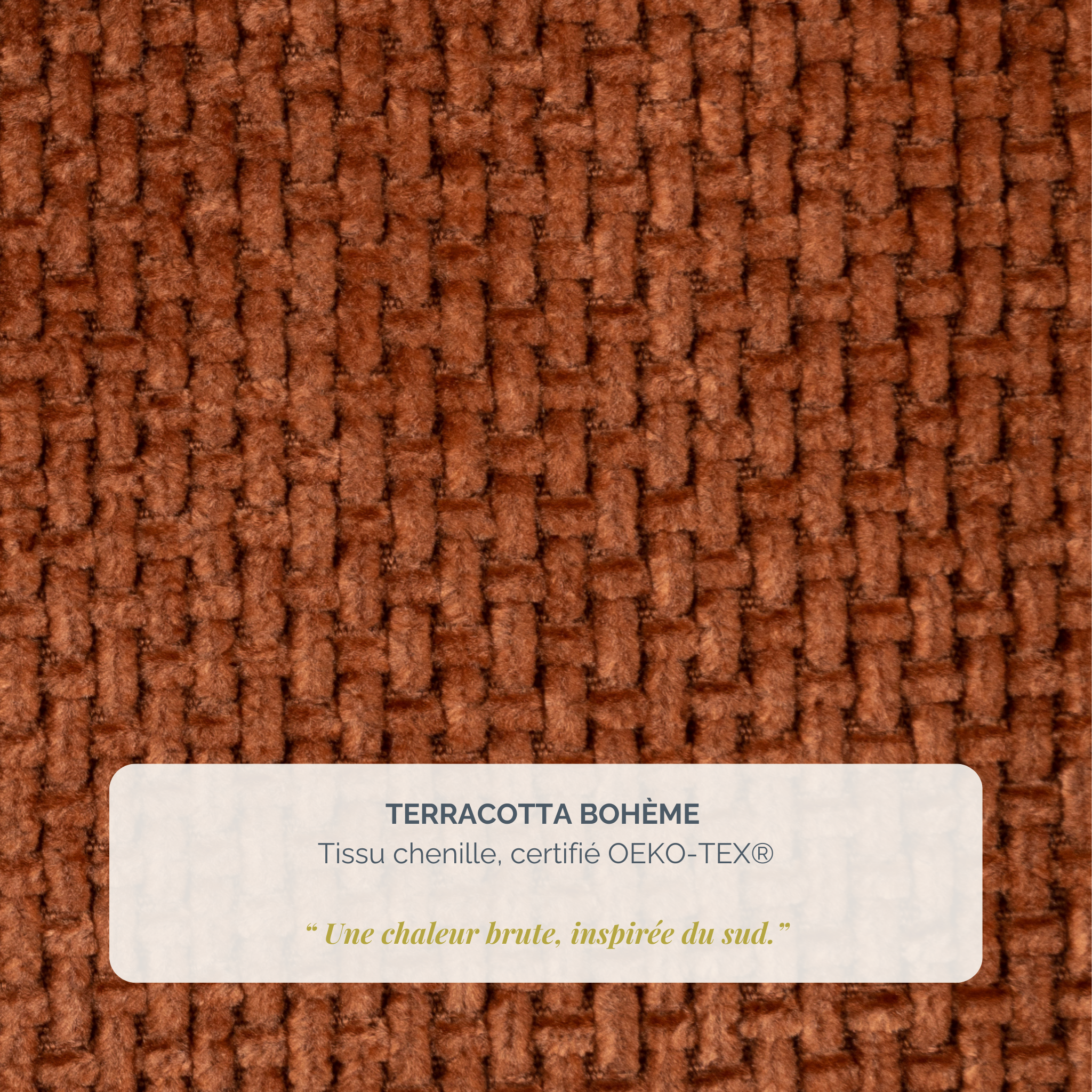 Lit coffre Arbre-Sec 140x200 en tissu chenille terracotta Paname Avenue, détail de la texture du revêtement