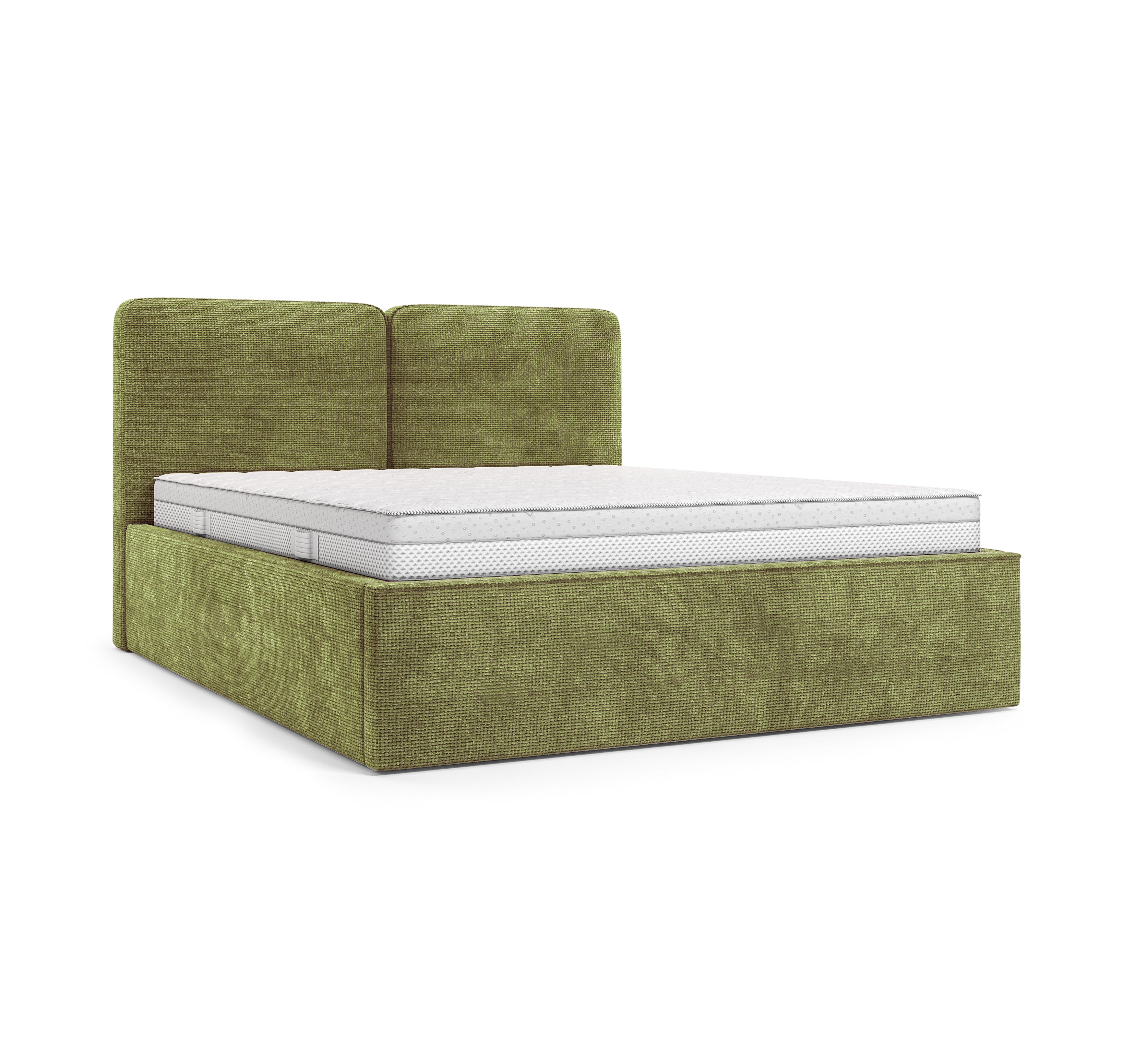Lit coffre Arbre-Sec 140x200 en tissu chenille vert olive Paname Avenue, vue trois-quarts sur fond blanc