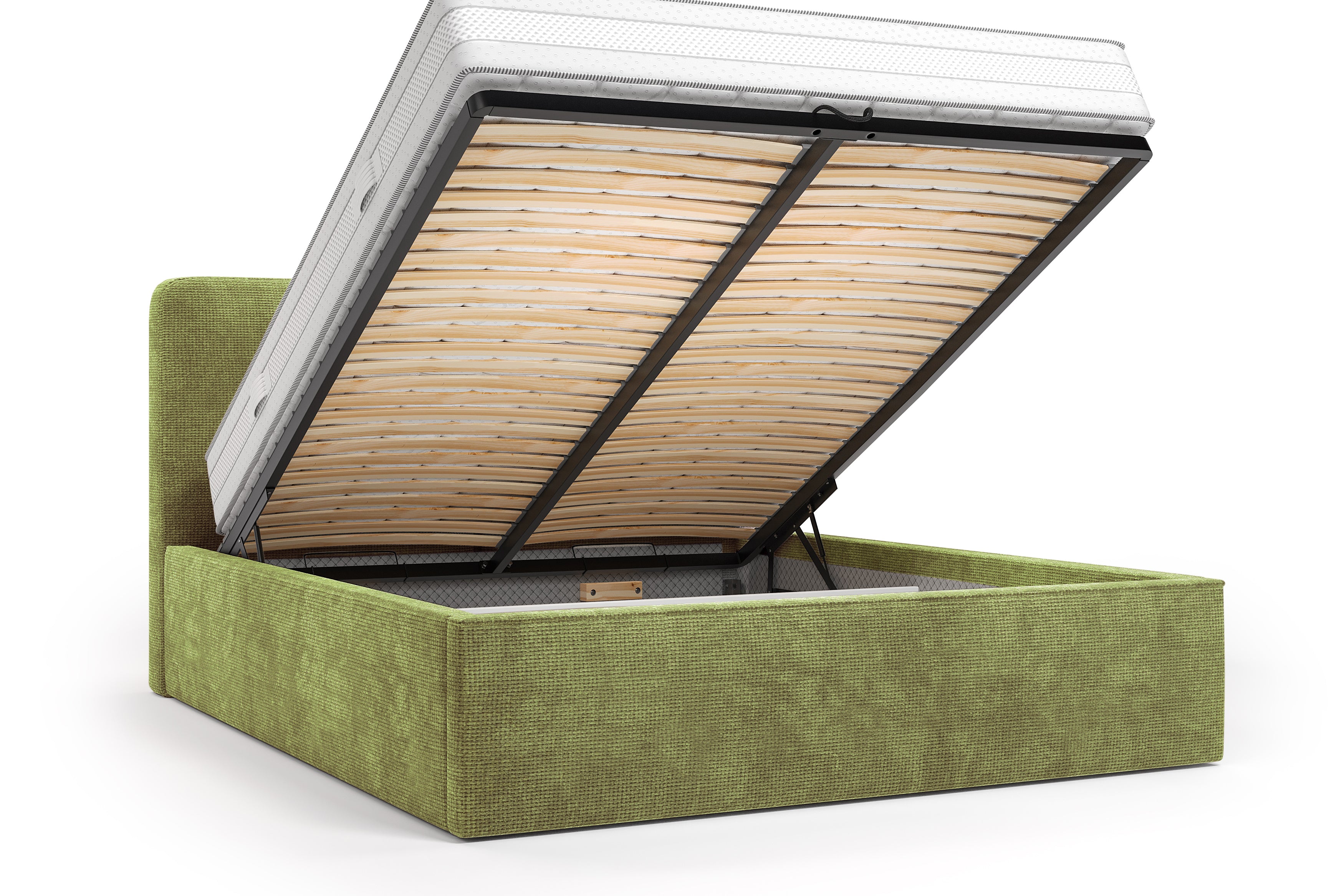 Lit coffre Arbre-Sec 140x200 en tissu chenille vert olive Paname Avenue, coffre de rangement ouvert sur fond blanc