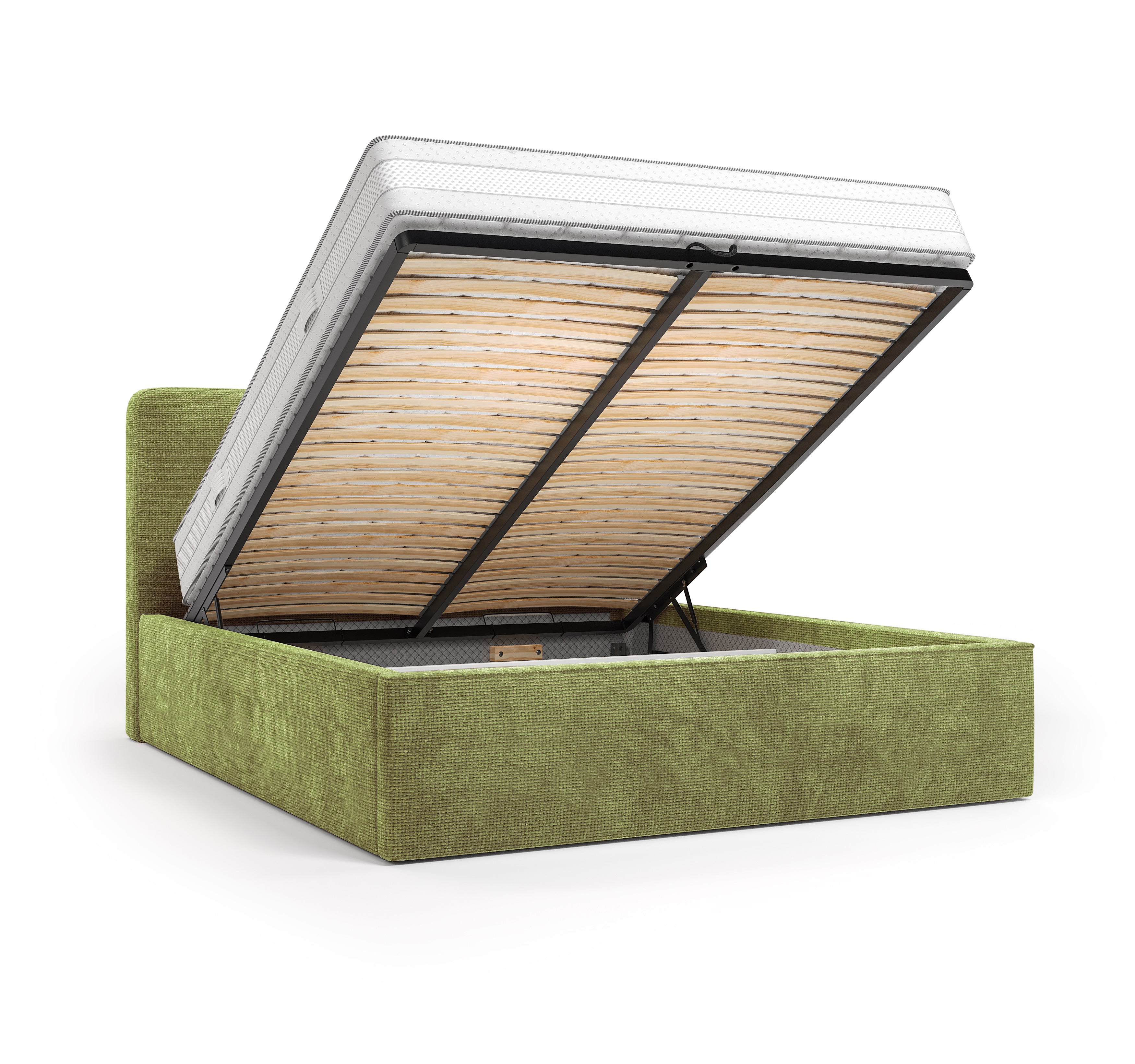 Lit coffre Arbre-Sec 140x200 en tissu chenille vert olive Paname Avenue, coffre de rangement ouvert sur fond blanc