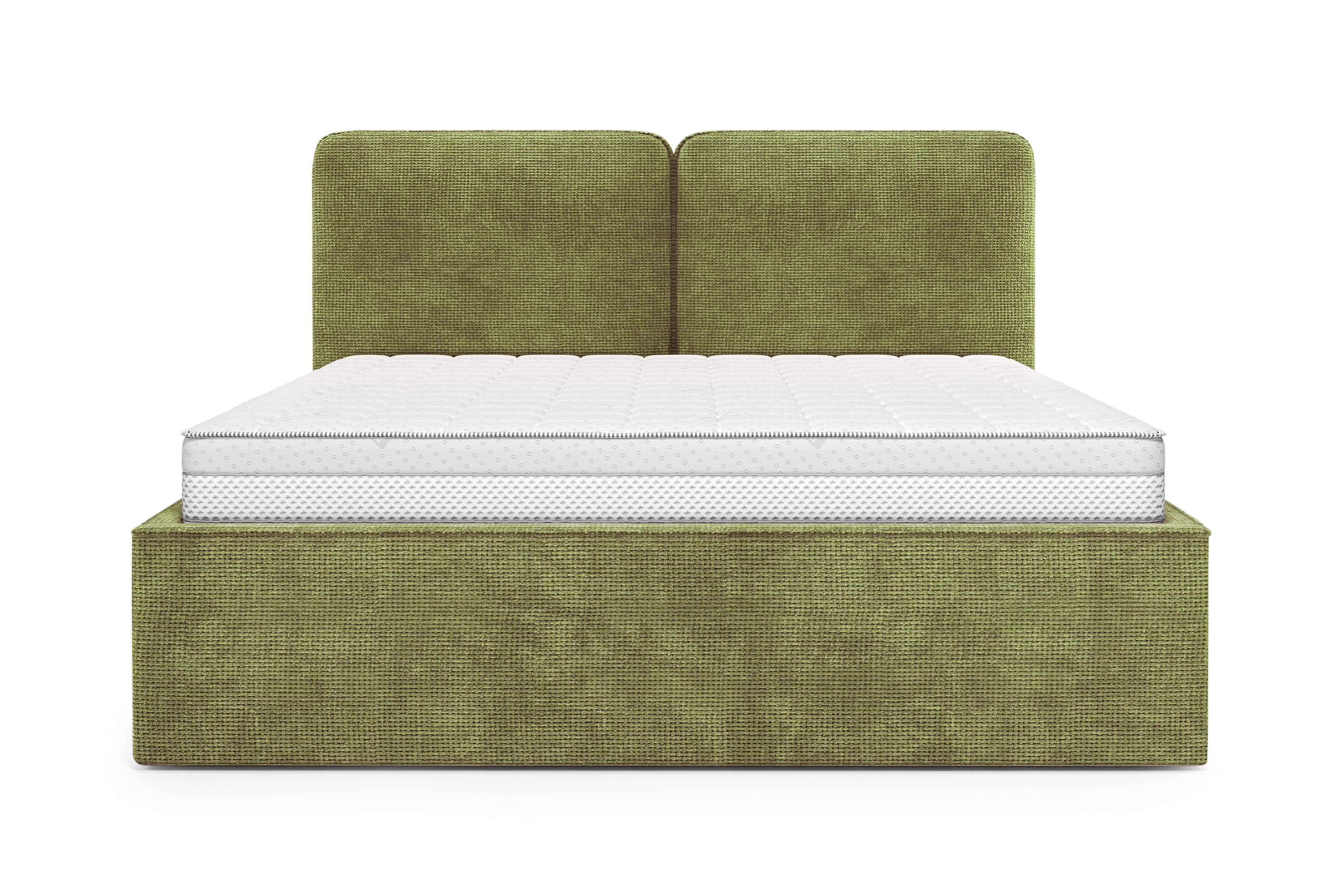Lit coffre Arbre-Sec 140x200 en tissu chenille vert olive Paname Avenue, vue de face sur fond blanc