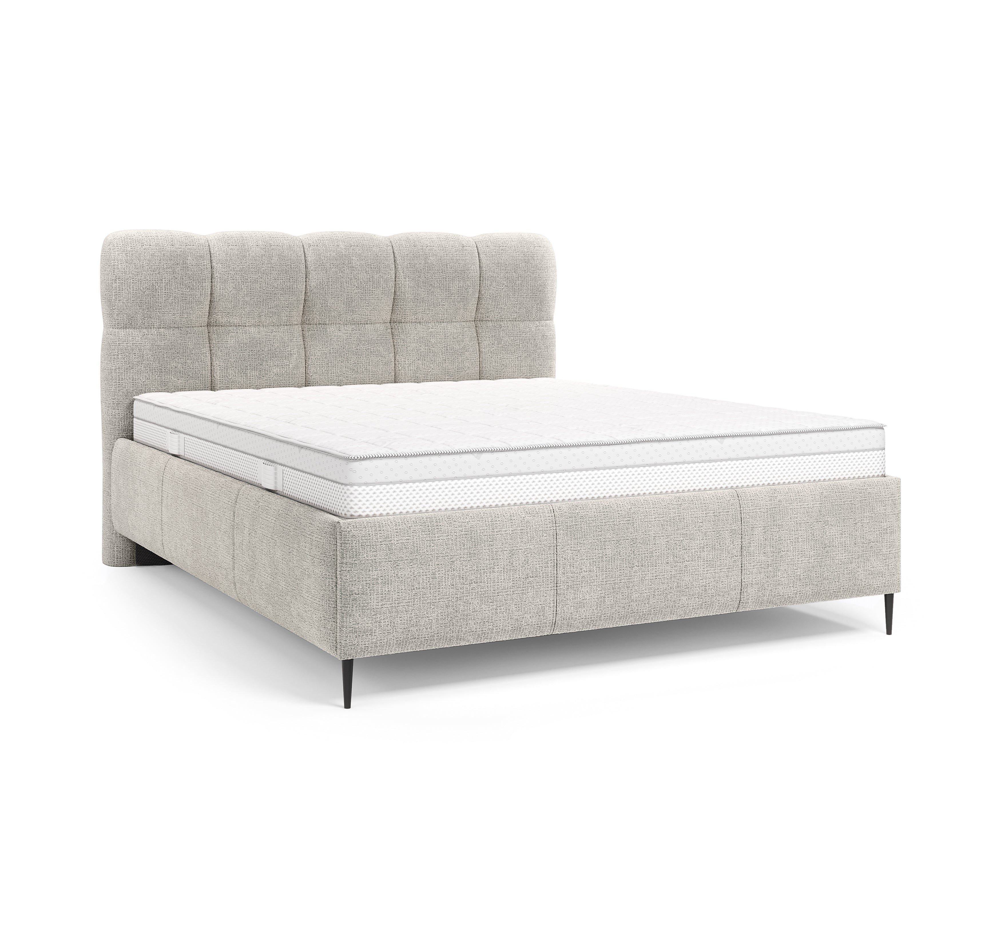 Lit coffre Four 140x200 cm en tissu chenille gris clair Paname Avenue, vue trois-quarts sur fond blanc