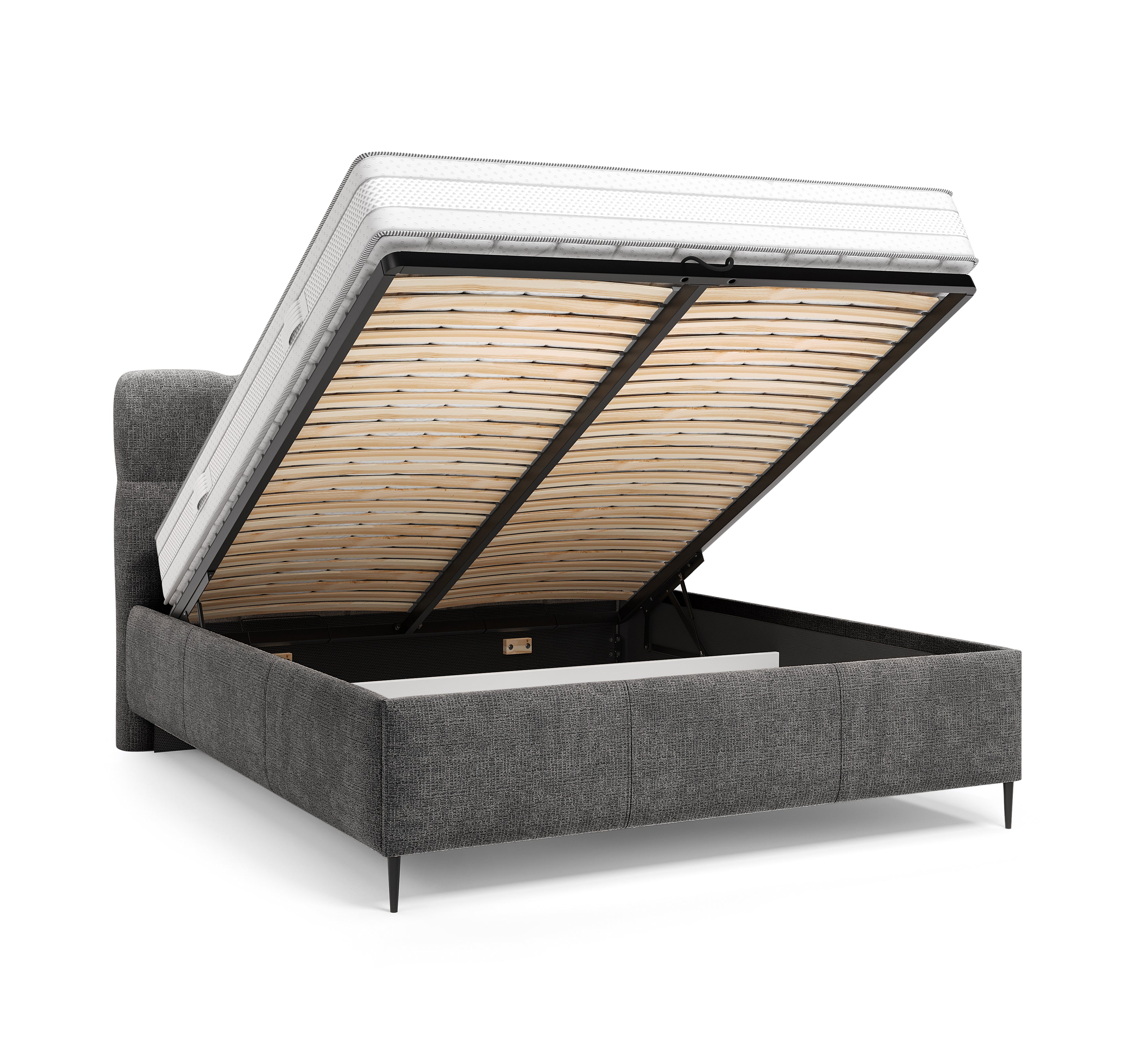 Lit coffre Four 140x200 cm en tissu chenille anthracite Paname Avenue, coffre de rangement ouvert sur fond blanc