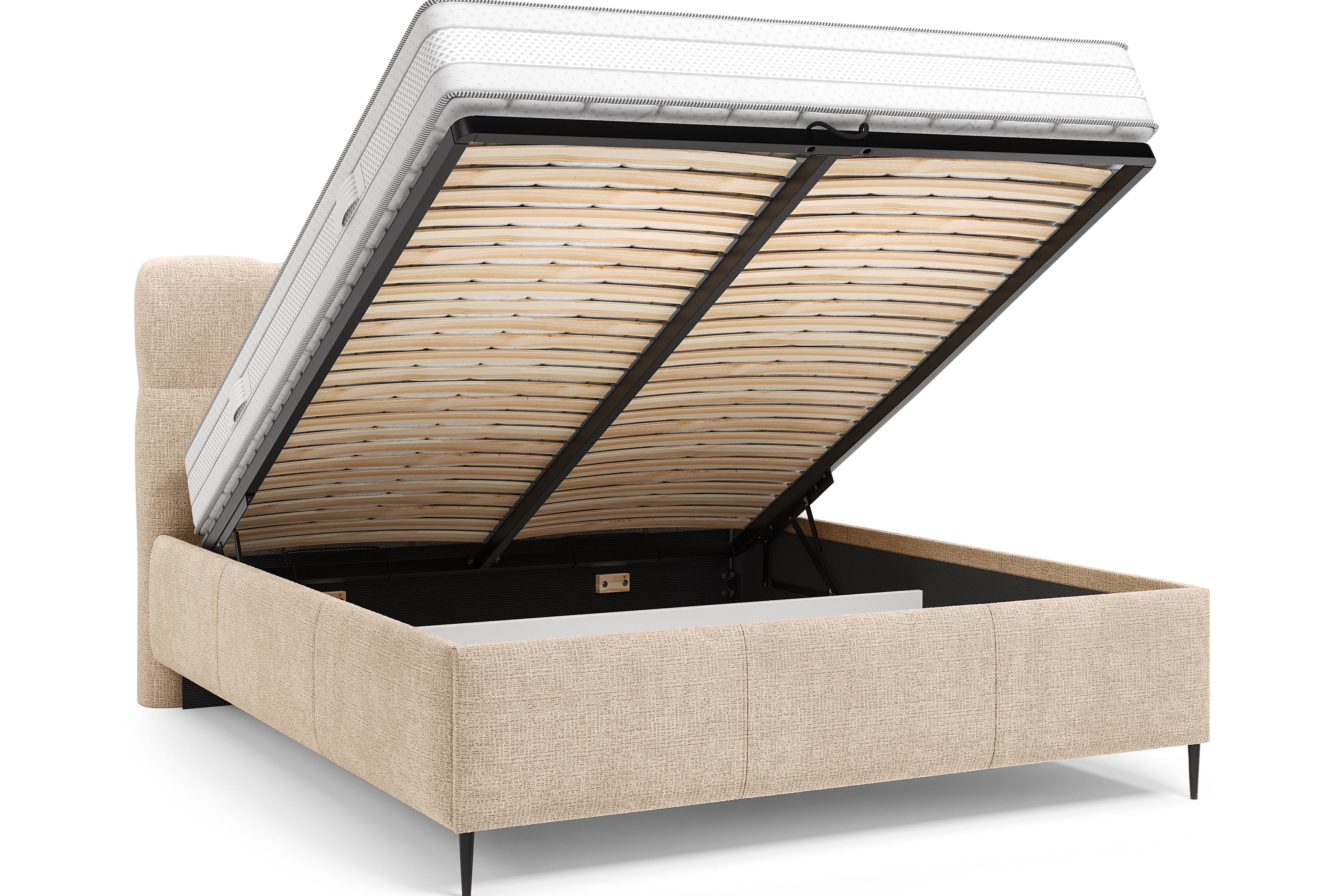 Lit coffre Four 140x200 cm en tissu chenille beige Paname Avenue, coffre de rangement ouvert sur fond blanc