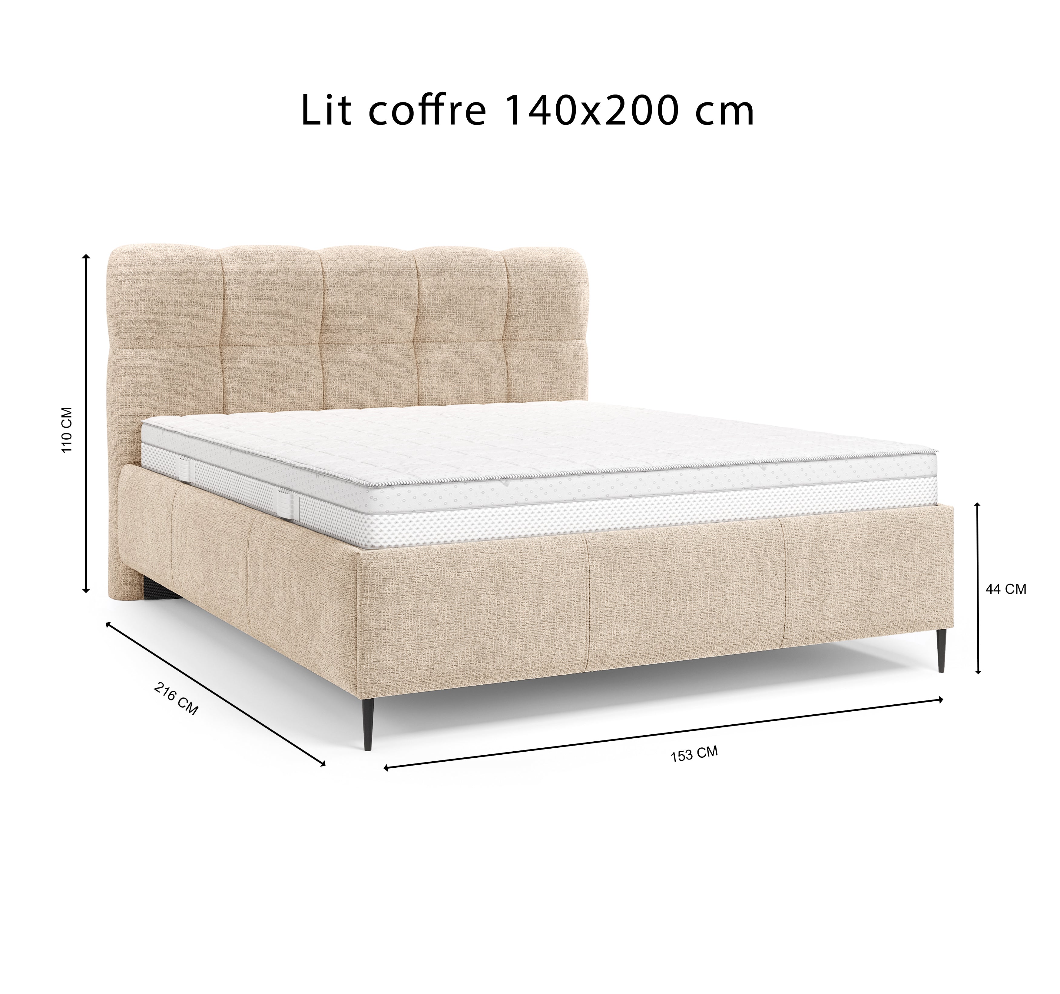 Lit coffre Four 140x200 cm en tissu chenille beige Paname Avenue, schéma des dimensions du lit