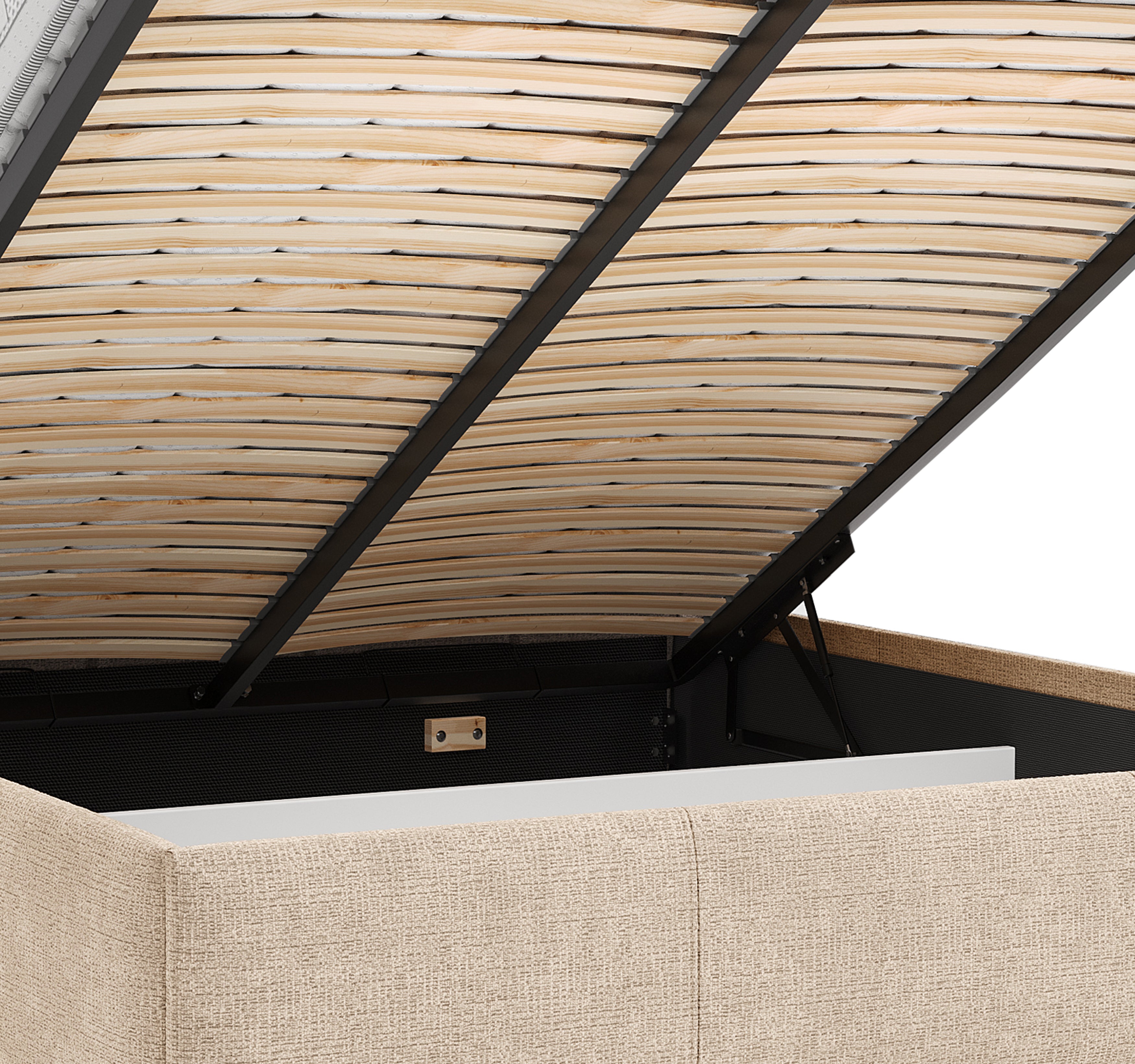 Lit coffre Four 140x200 cm en tissu chenille beige Paname Avenue, zoom sur le mécanisme de levage
