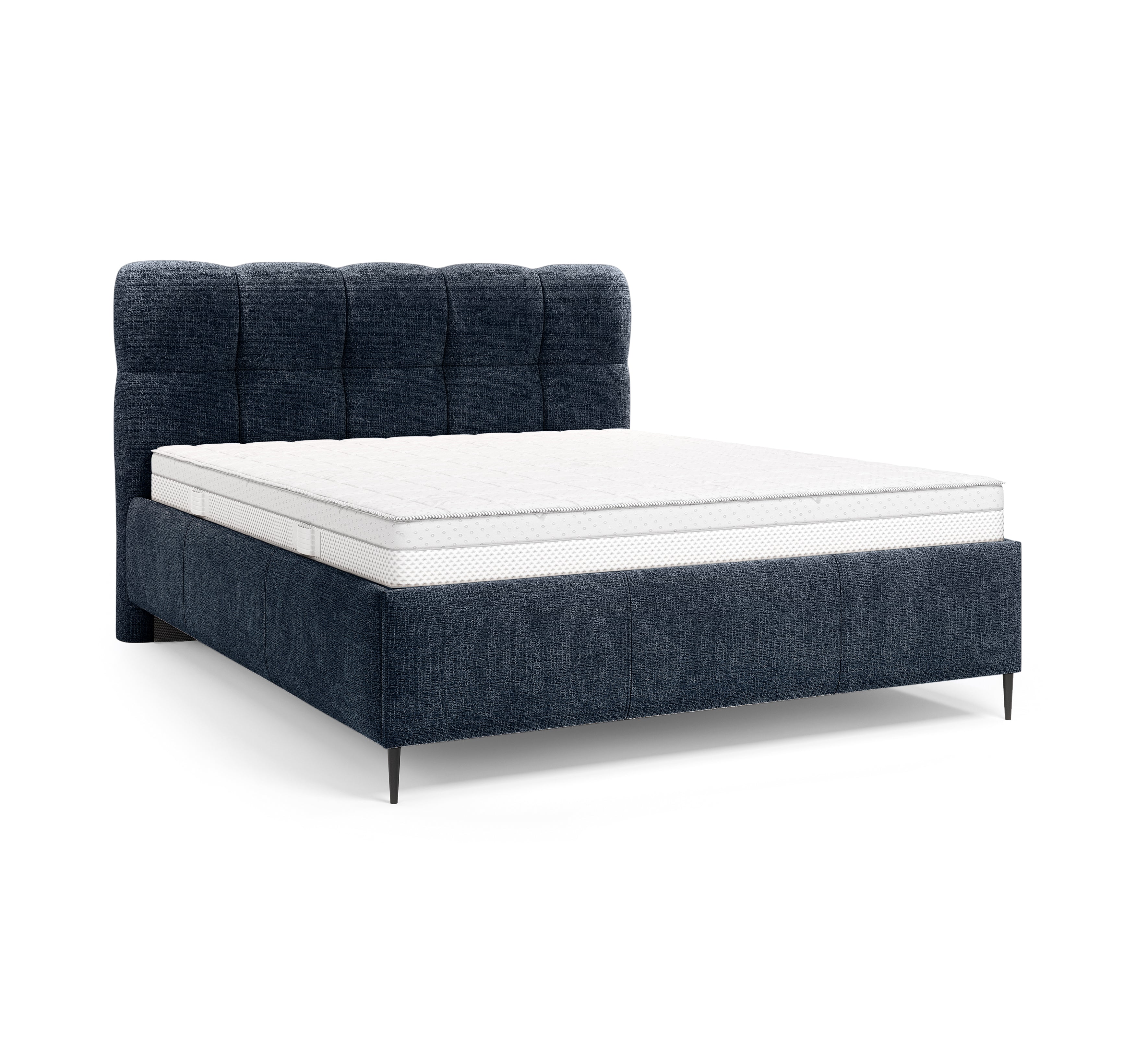 Lit coffre Four 140x200 cm en tissu chenille bleu Paname Avenue, vue trois-quarts sur fond blanc