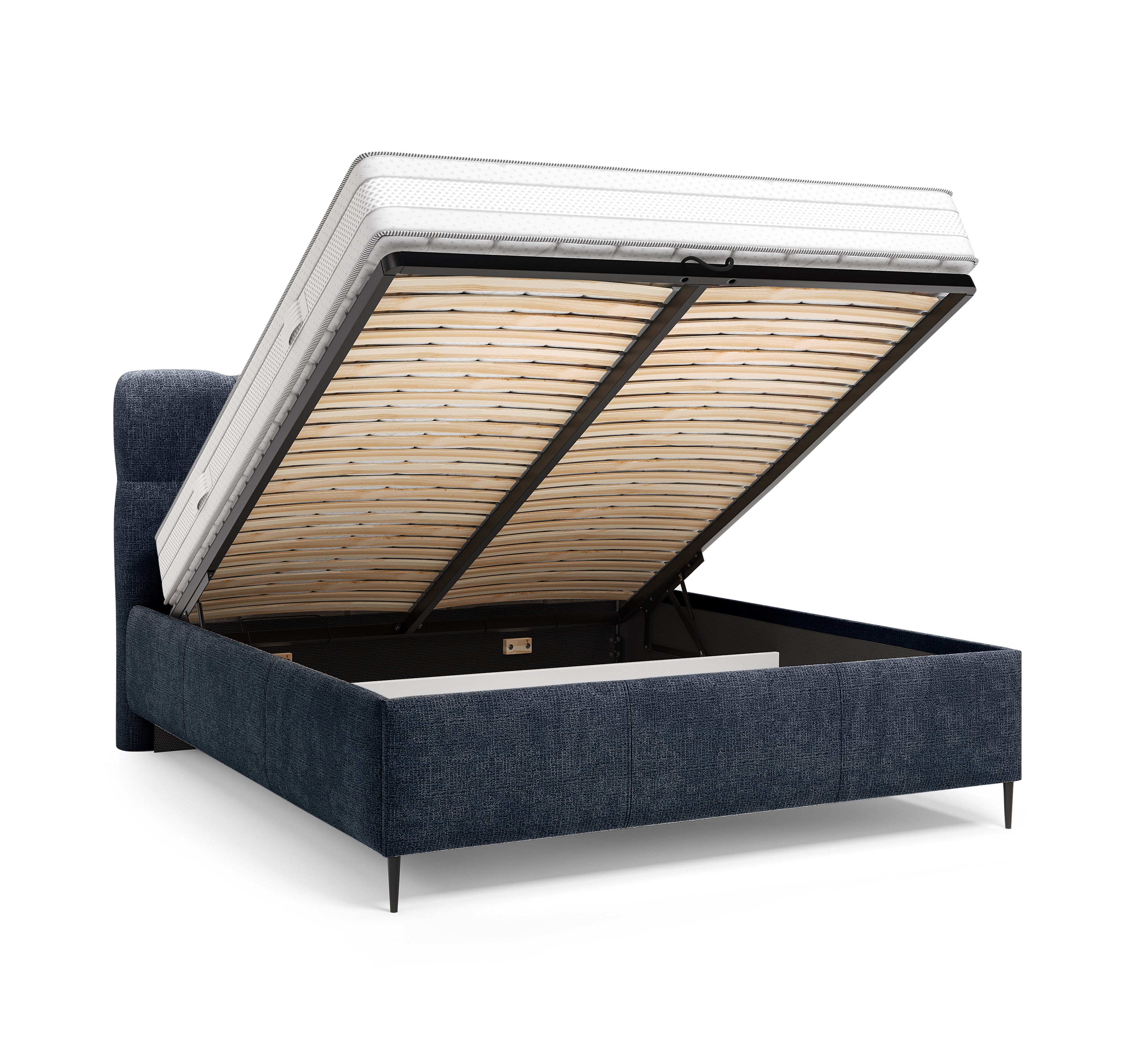 Lit coffre Four 140x200 cm en tissu chenille bleu Paname Avenue, coffre de rangement ouvert sur fond blanc