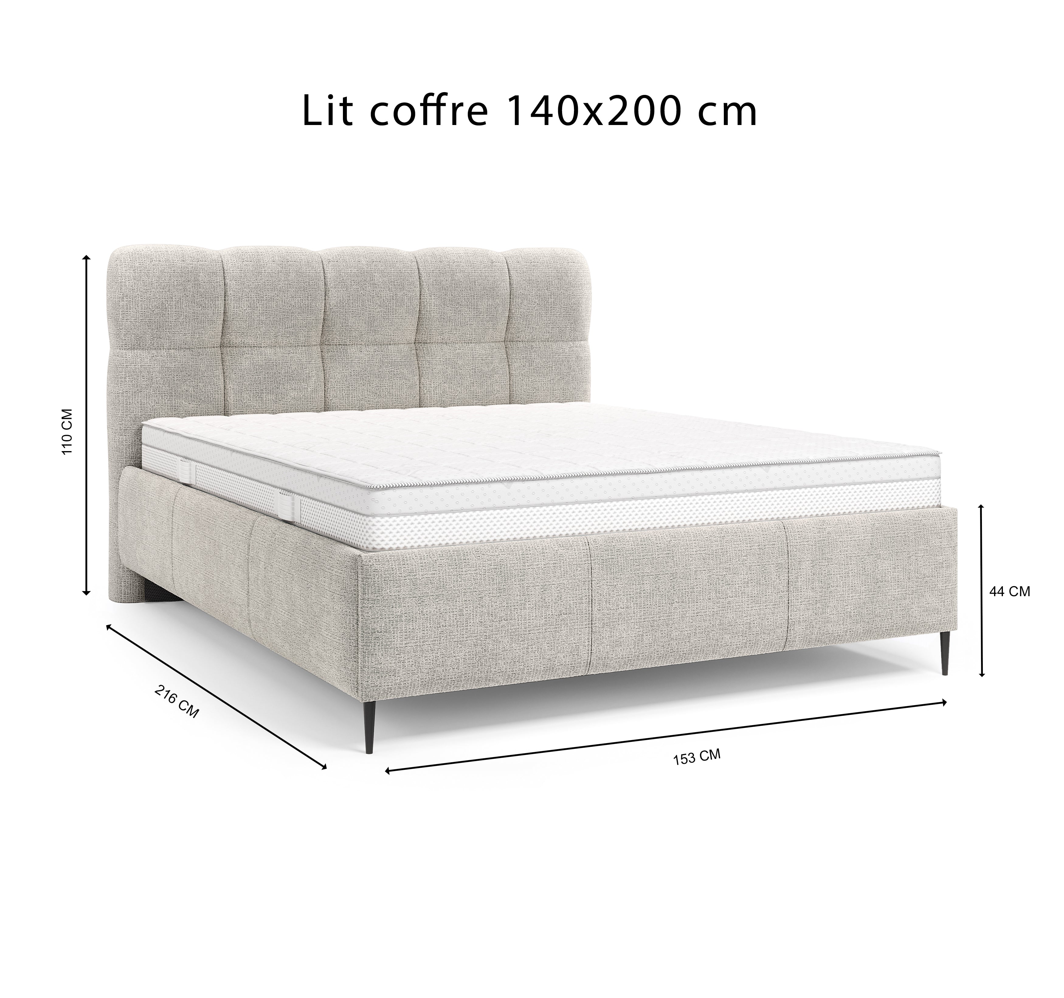 Lit coffre Four 140x200 cm en tissu chenille gris clair Paname Avenue, schéma des dimensions du lit