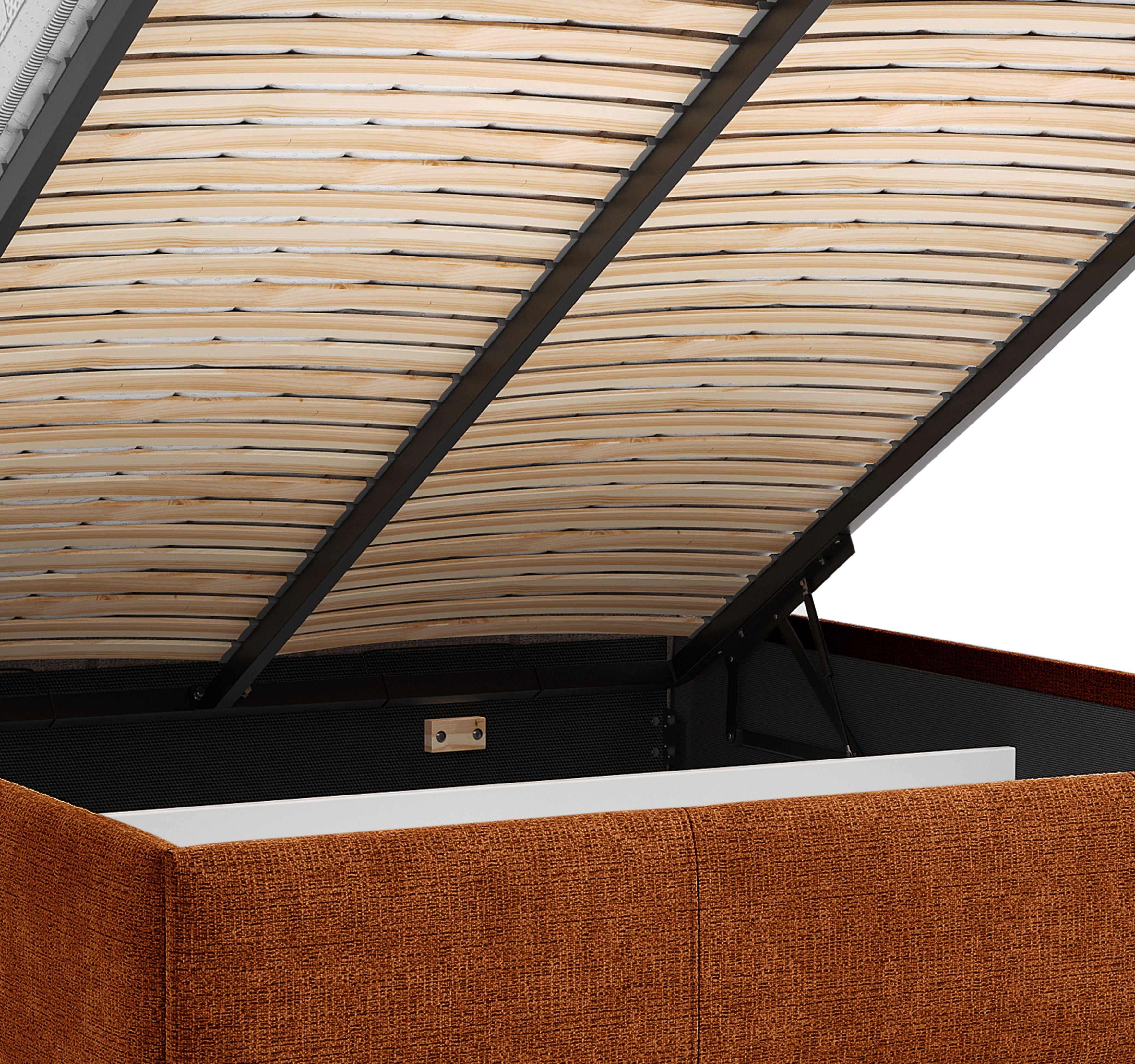 Lit coffre Four 140x200 cm en tissu chenille terracotta Paname Avenue, zoom sur le mécanisme de levage