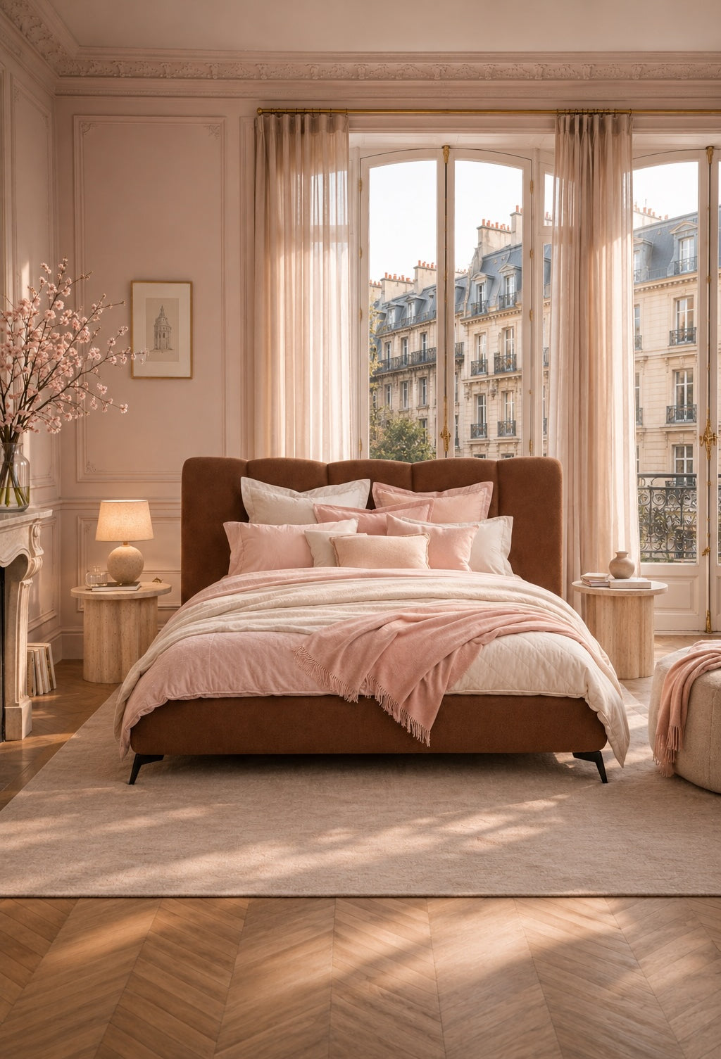 Lit coffre François Miron 140x200 avec tête de lit capitonnée dans une chambre élégante de style parisien