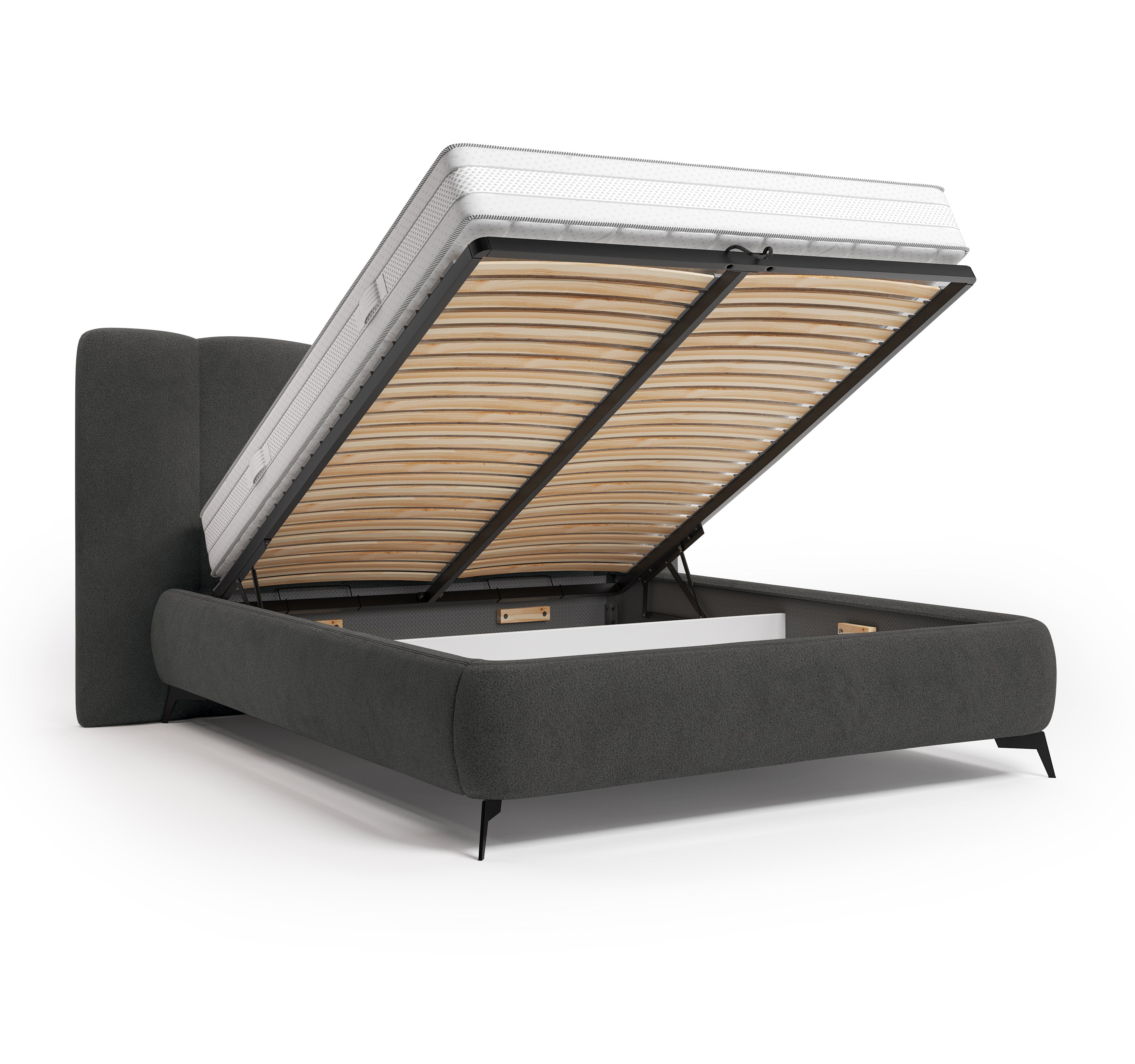 Lit coffre François Miron 140x200 cm en tissu chenille anthracite Paname Avenue, coffre de rangement ouvert sur fond blanc