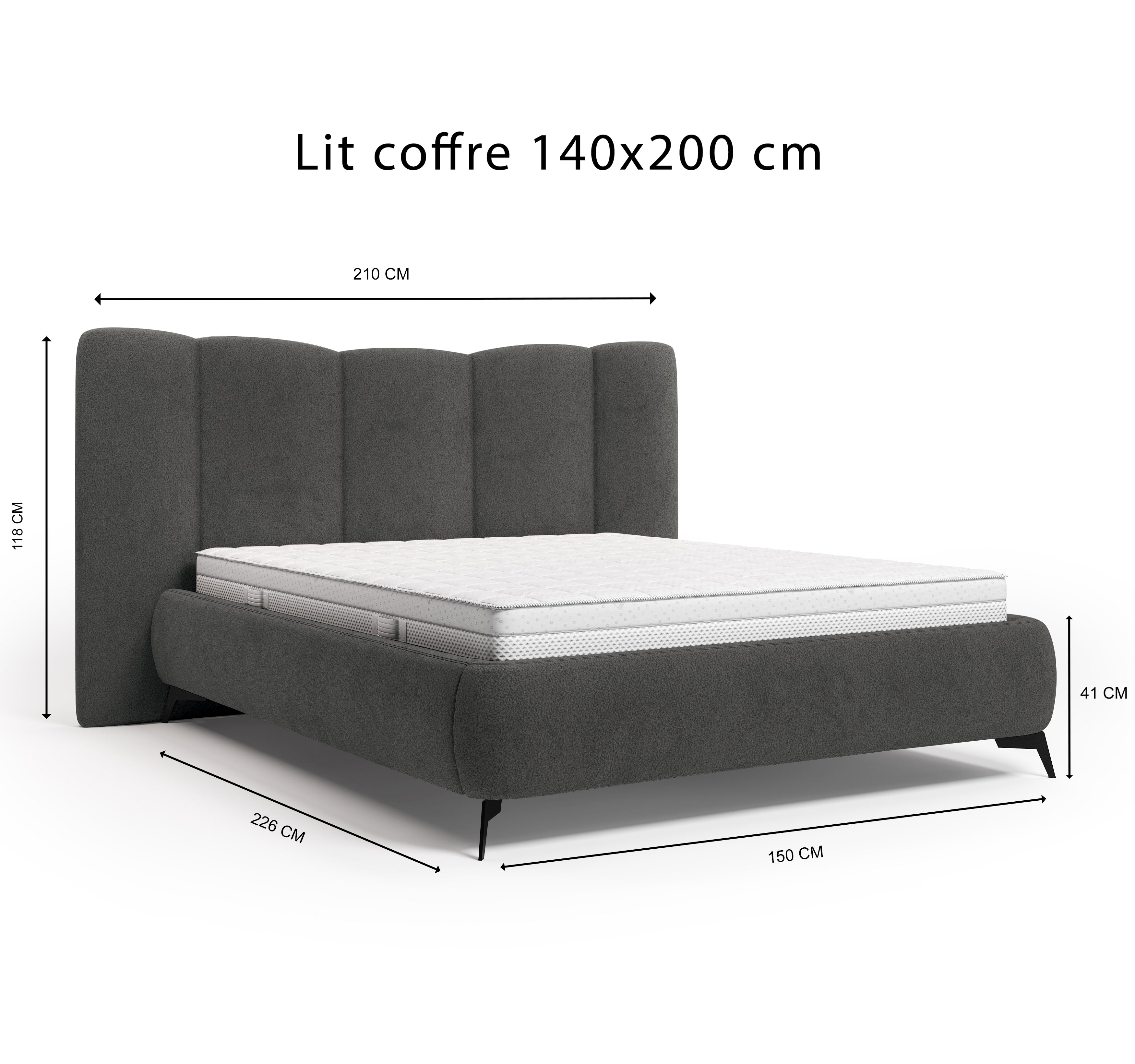 Lit coffre François Miron 140x200 cm en tissu chenille anthracite Paname Avenue, schéma des dimensions du lit
