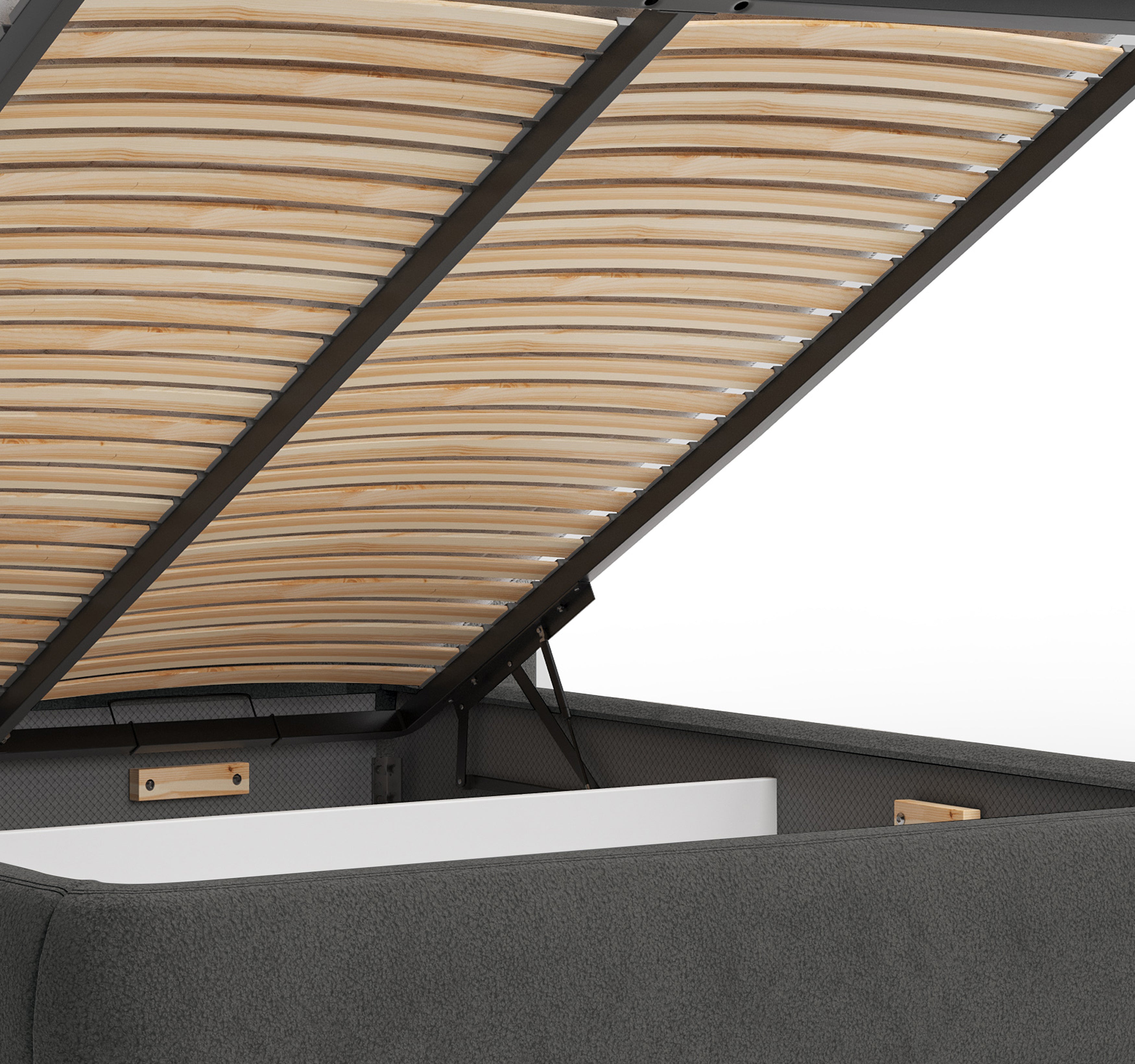 Lit coffre François Miron 140x200 cm en tissu chenille anthracite Paname Avenue, zoom sur le mécanisme de levage