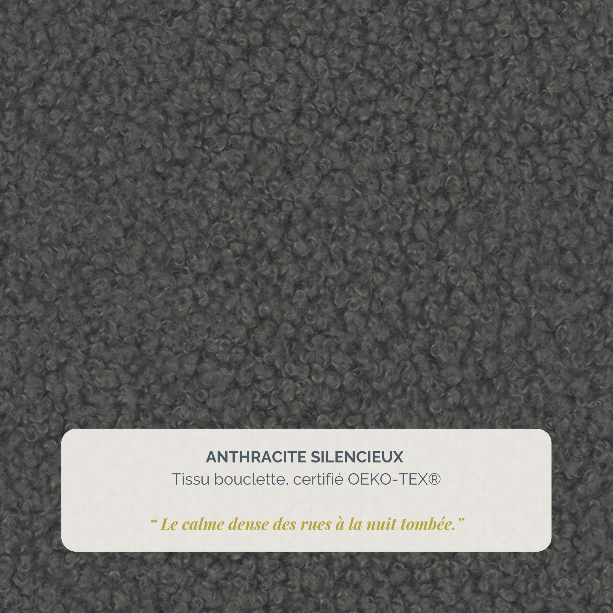 Lit coffre François Miron 140x200 cm en tissu chenille anthracite Paname Avenue, détail de la texture du revêtement