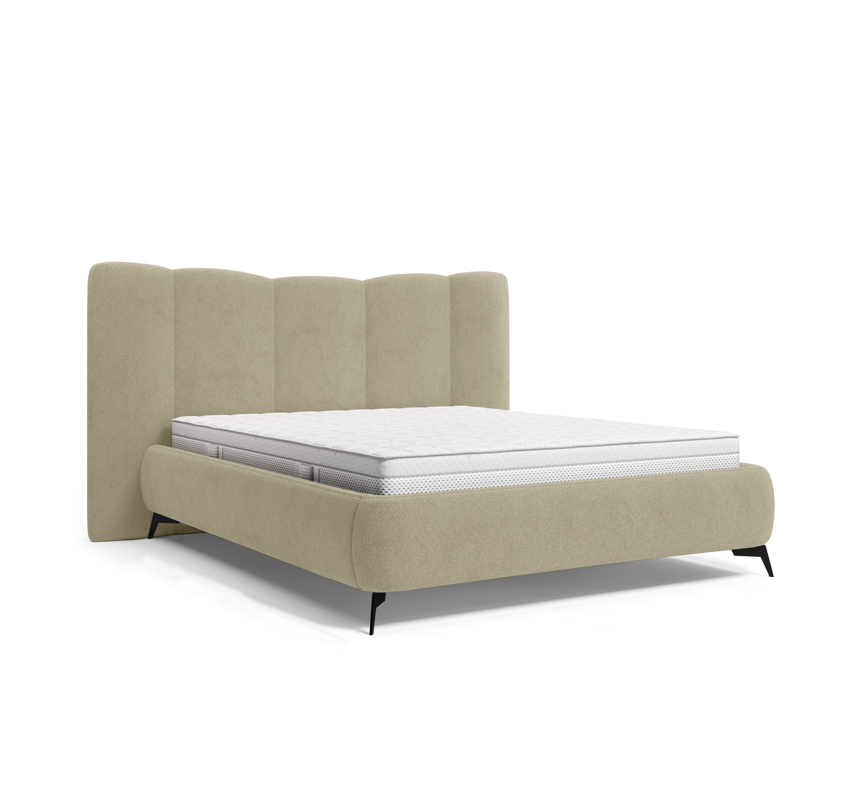 Lit coffre François Miron 140x200 cm en tissu chenille beige Paname Avenue, vue trois-quarts sur fond blanc