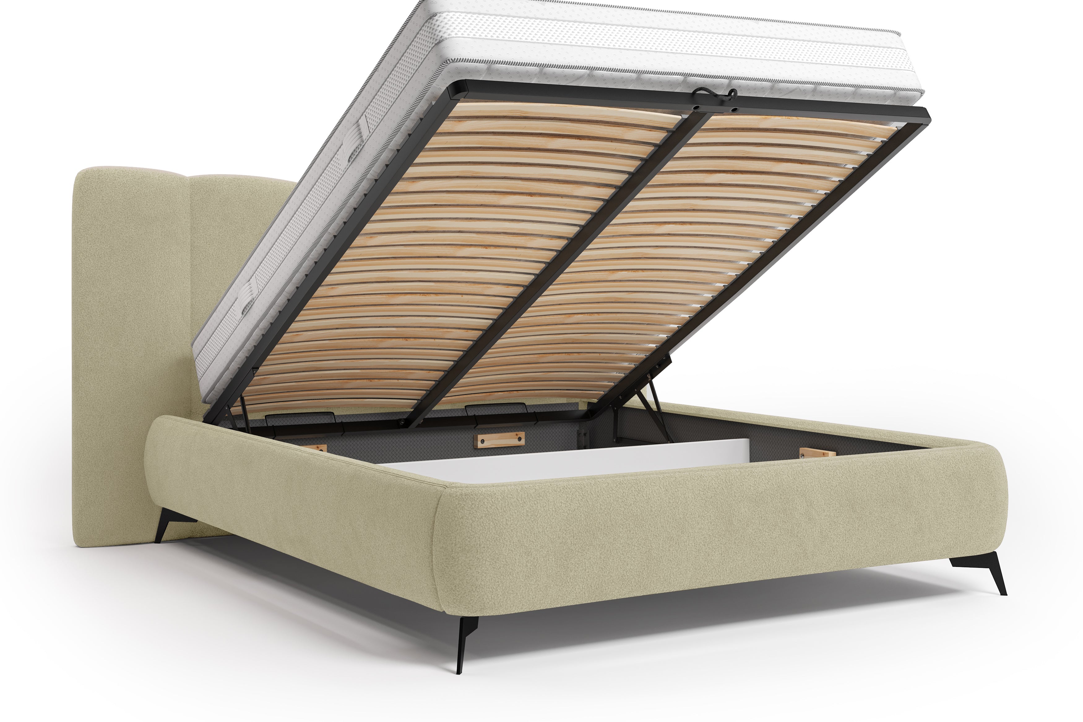 Lit coffre François Miron 140x200 cm en tissu chenille beige Paname Avenue, coffre de rangement ouvert sur fond blanc