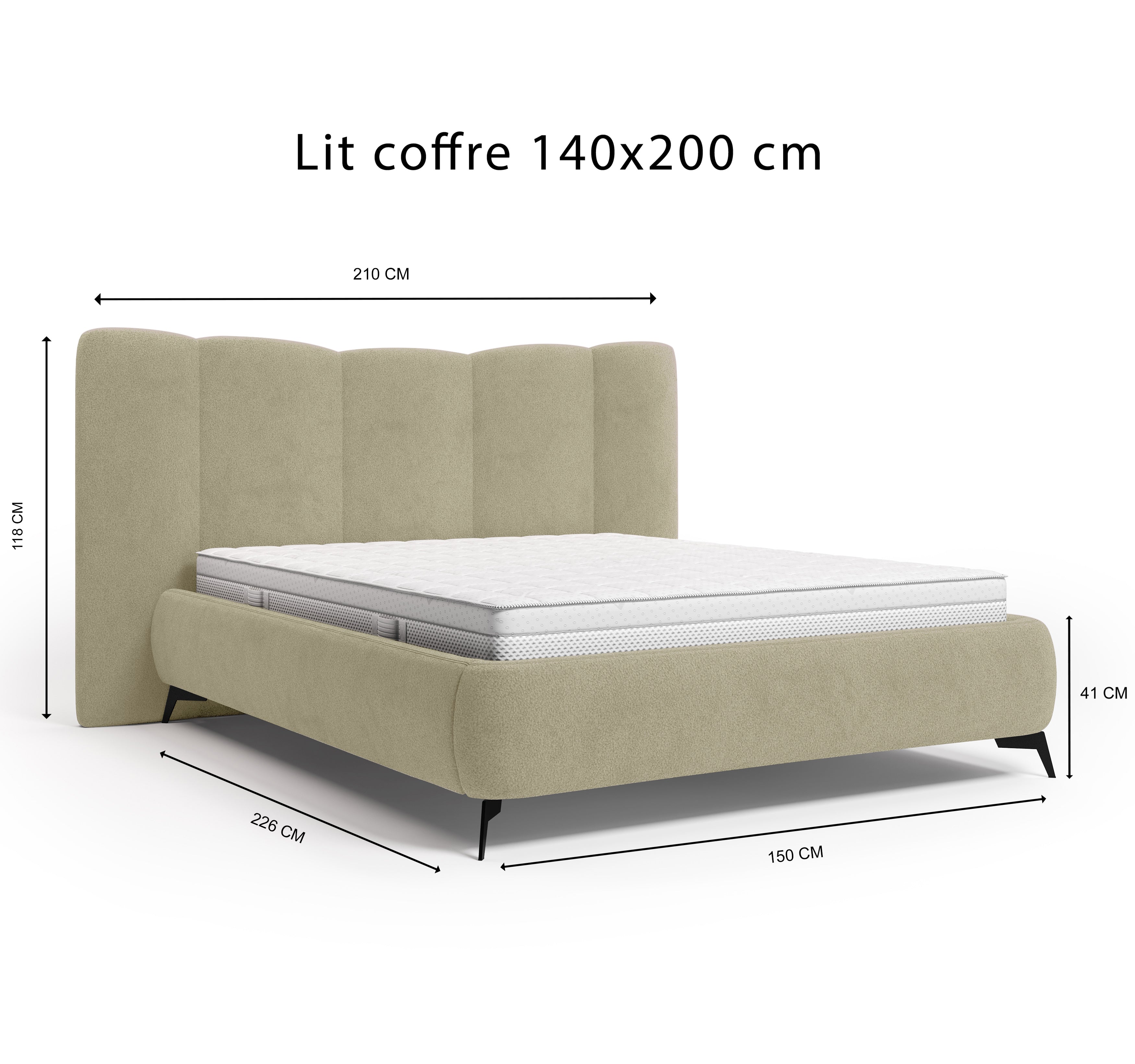 Lit coffre François Miron 140x200 cm en tissu chenille beige Paname Avenue, schéma des dimensions du lit