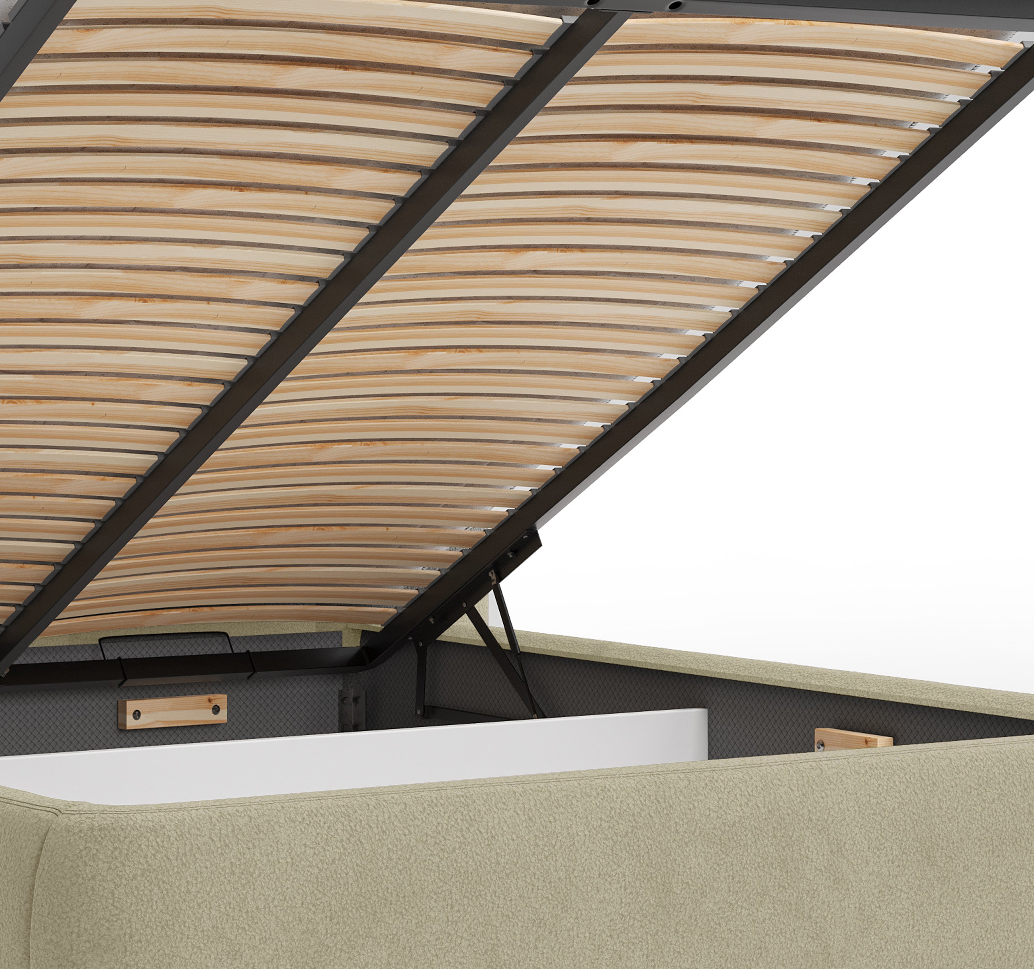 Lit coffre François Miron 140x200 cm en tissu chenille beige Paname Avenue, zoom sur le mécanisme de levage