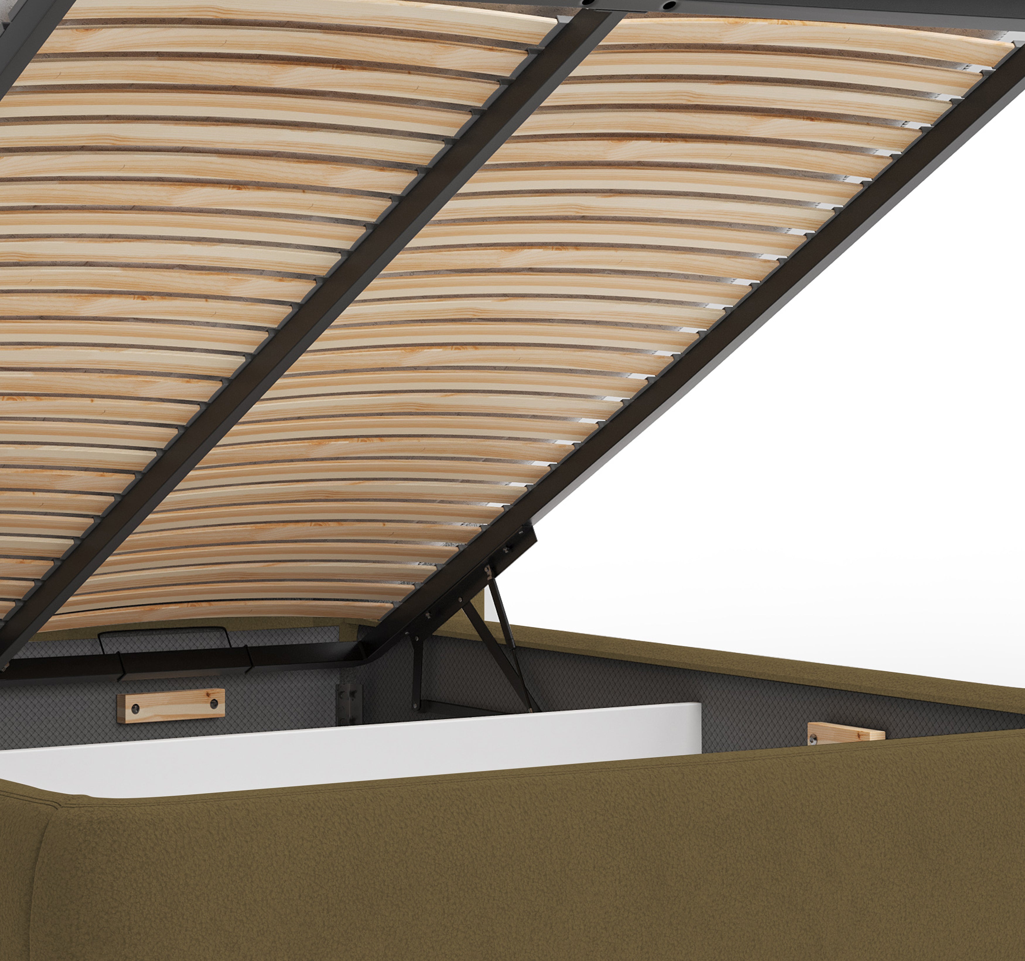 Lit coffre François Miron 140x200 cm en tissu chenille marron Paname Avenue, zoom sur le mécanisme de levage