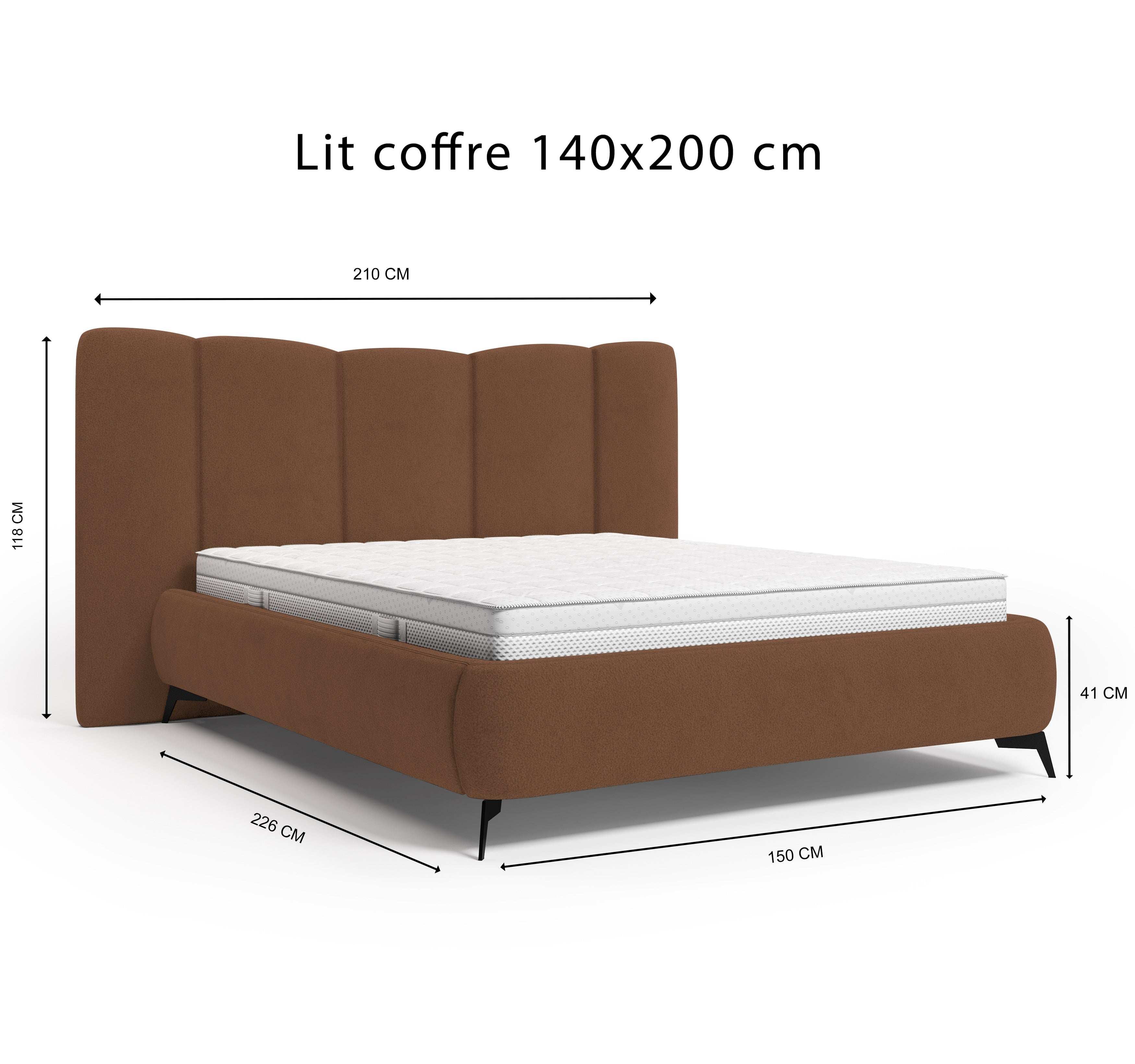 Lit coffre François Miron 140x200 cm en tissu chenille terracotta Paname Avenue, schéma des dimensions du lit