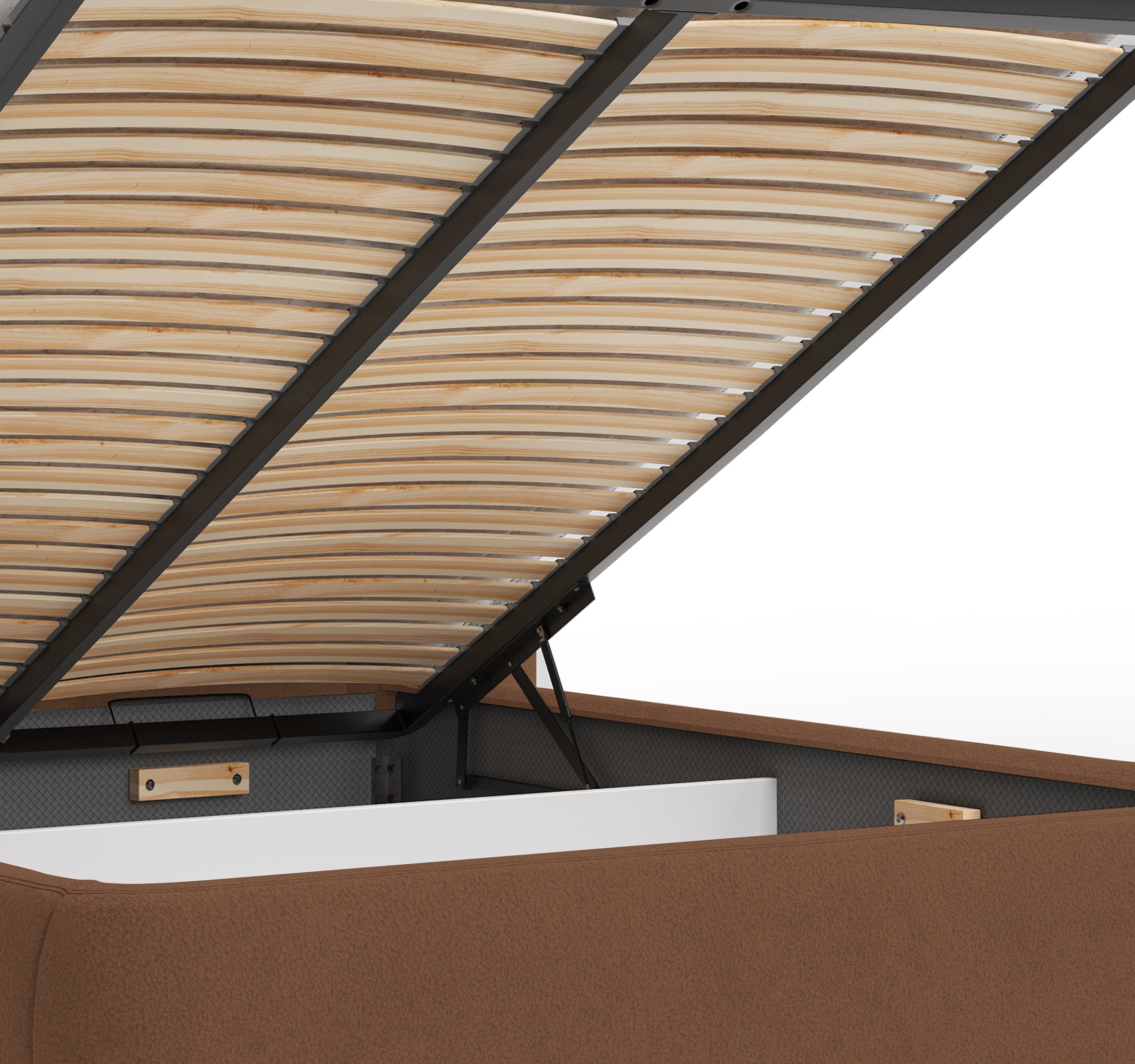 Lit coffre François Miron 140x200 cm en tissu chenille terracotta Paname Avenue, zoom sur le mécanisme de levage