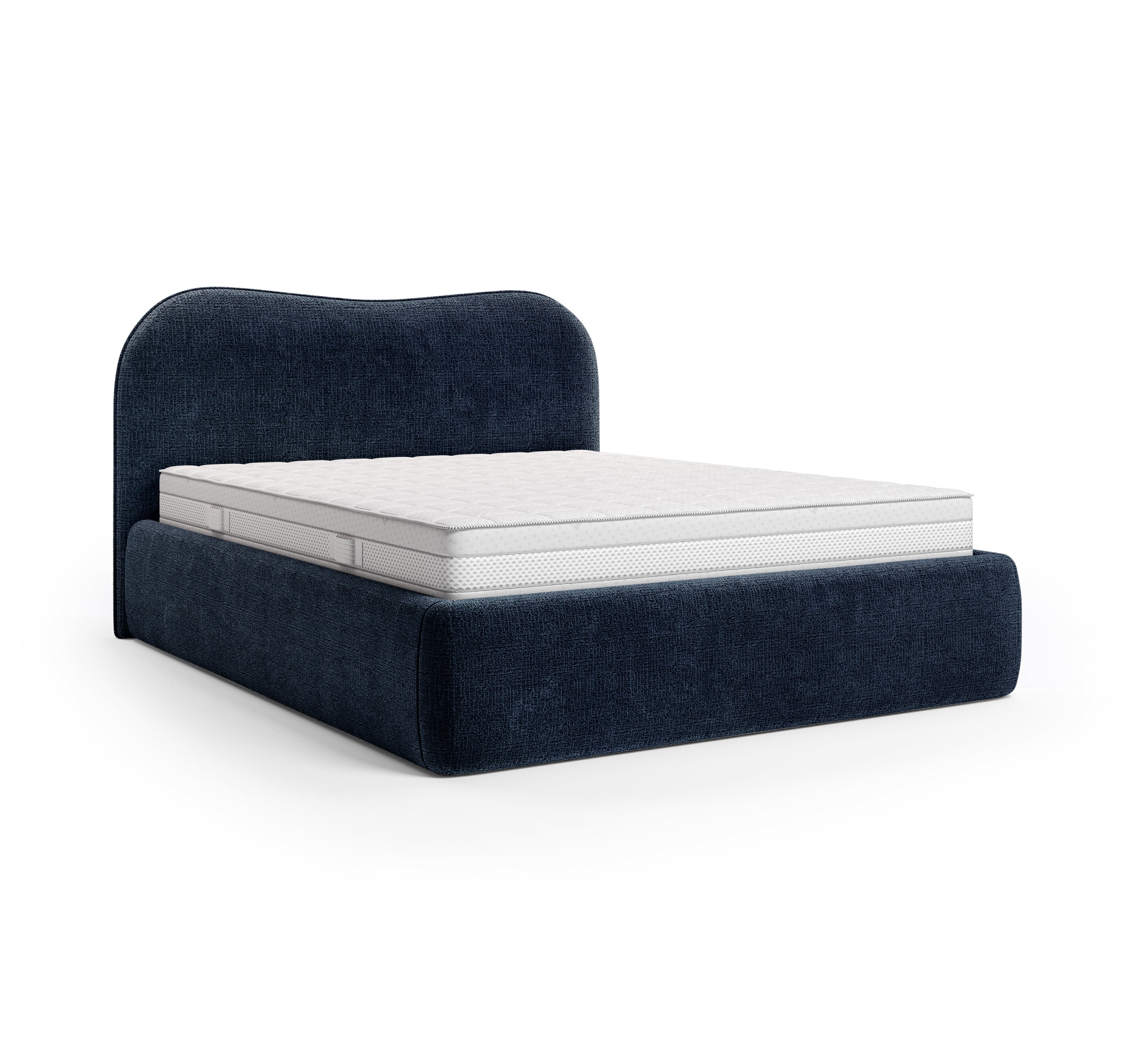 Lit coffre Gravilliers 140x200 cm en tissu chenille bleu Paname Avenue, vue trois-quarts sur fond blanc