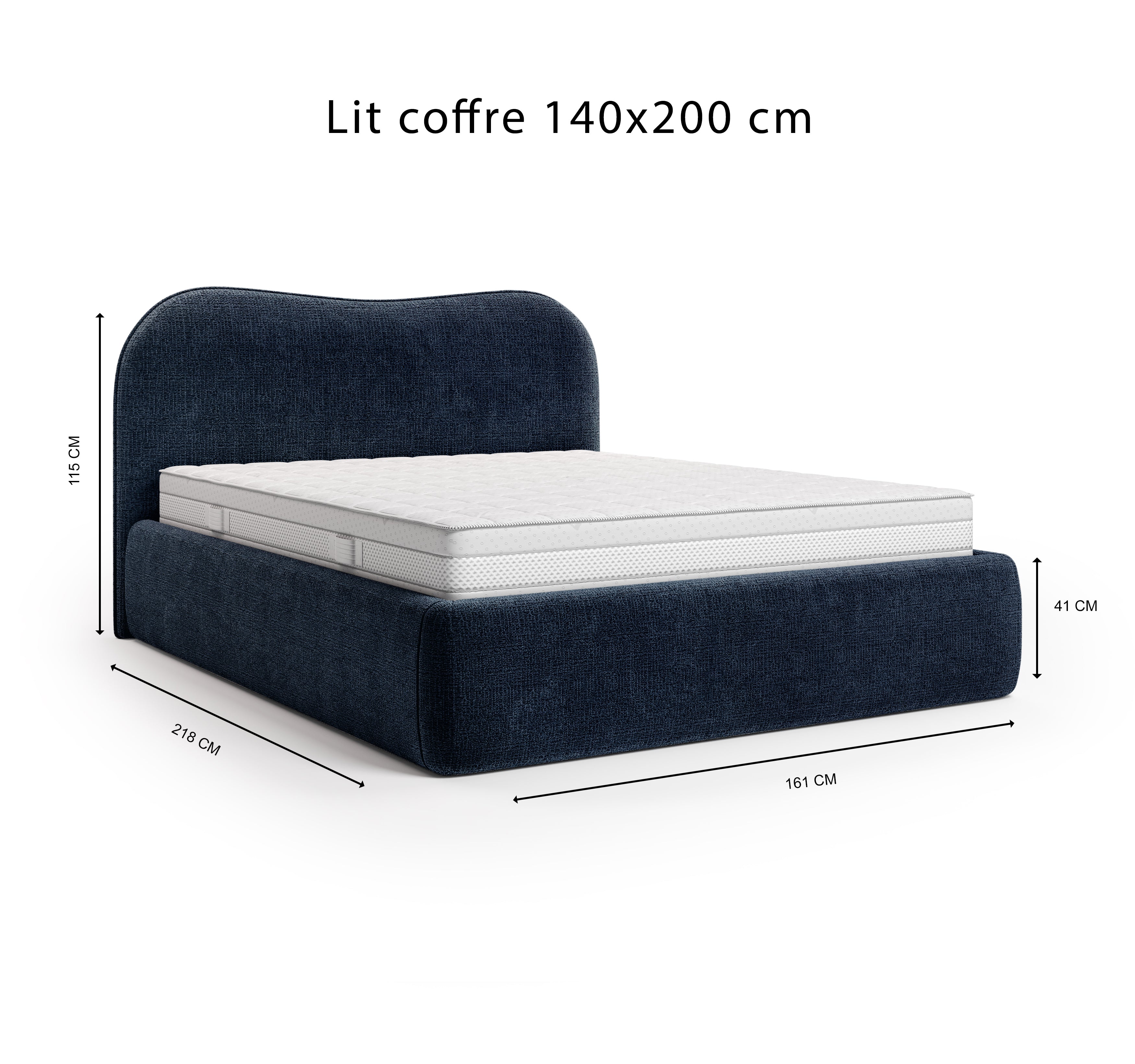 Lit coffre Gravilliers 140x200 cm en tissu chenille bleu Paname Avenue, schéma des dimensions du lit