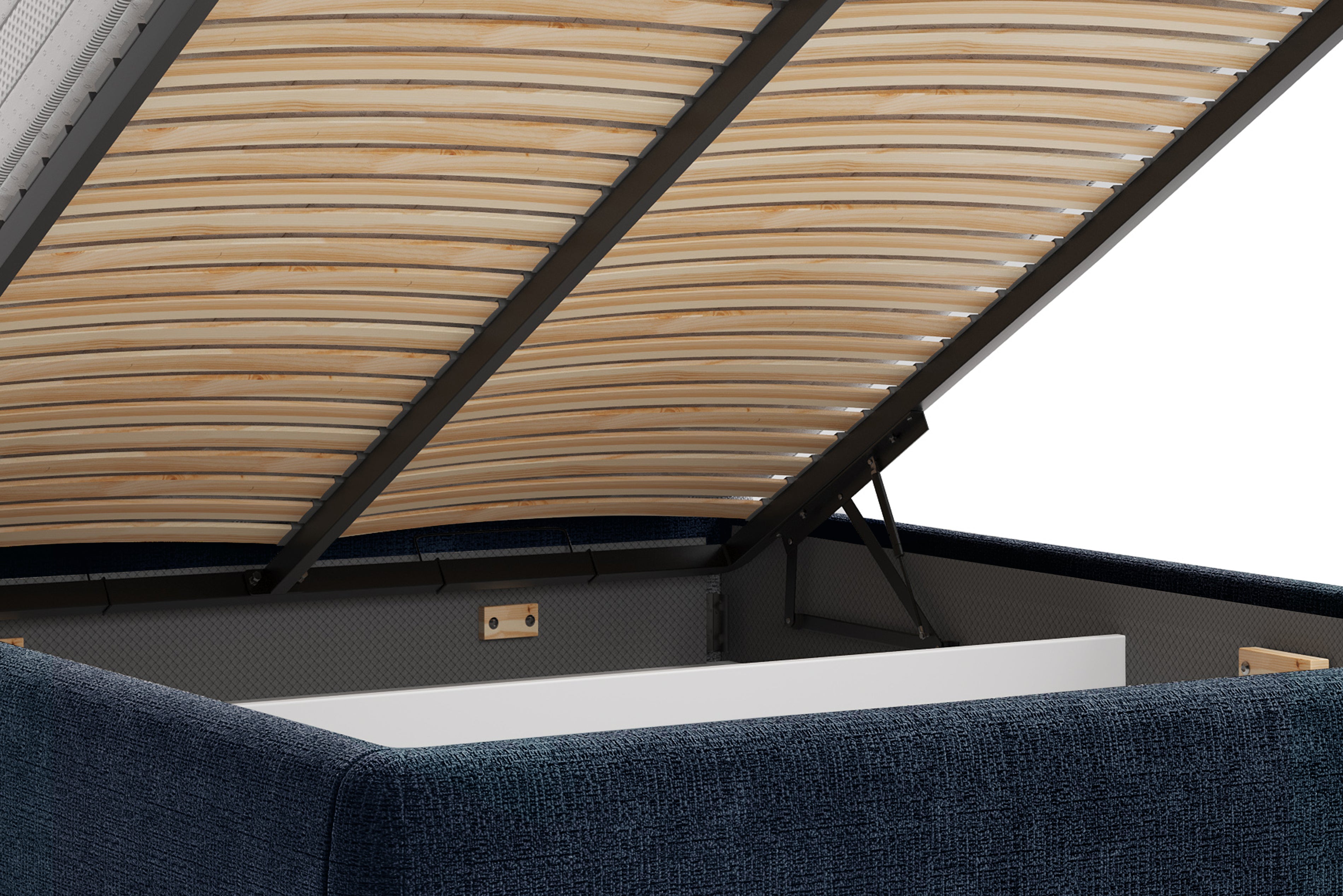Lit coffre Gravilliers 140x200 cm en tissu chenille bleu Paname Avenue, zoom sur le mécanisme de levage