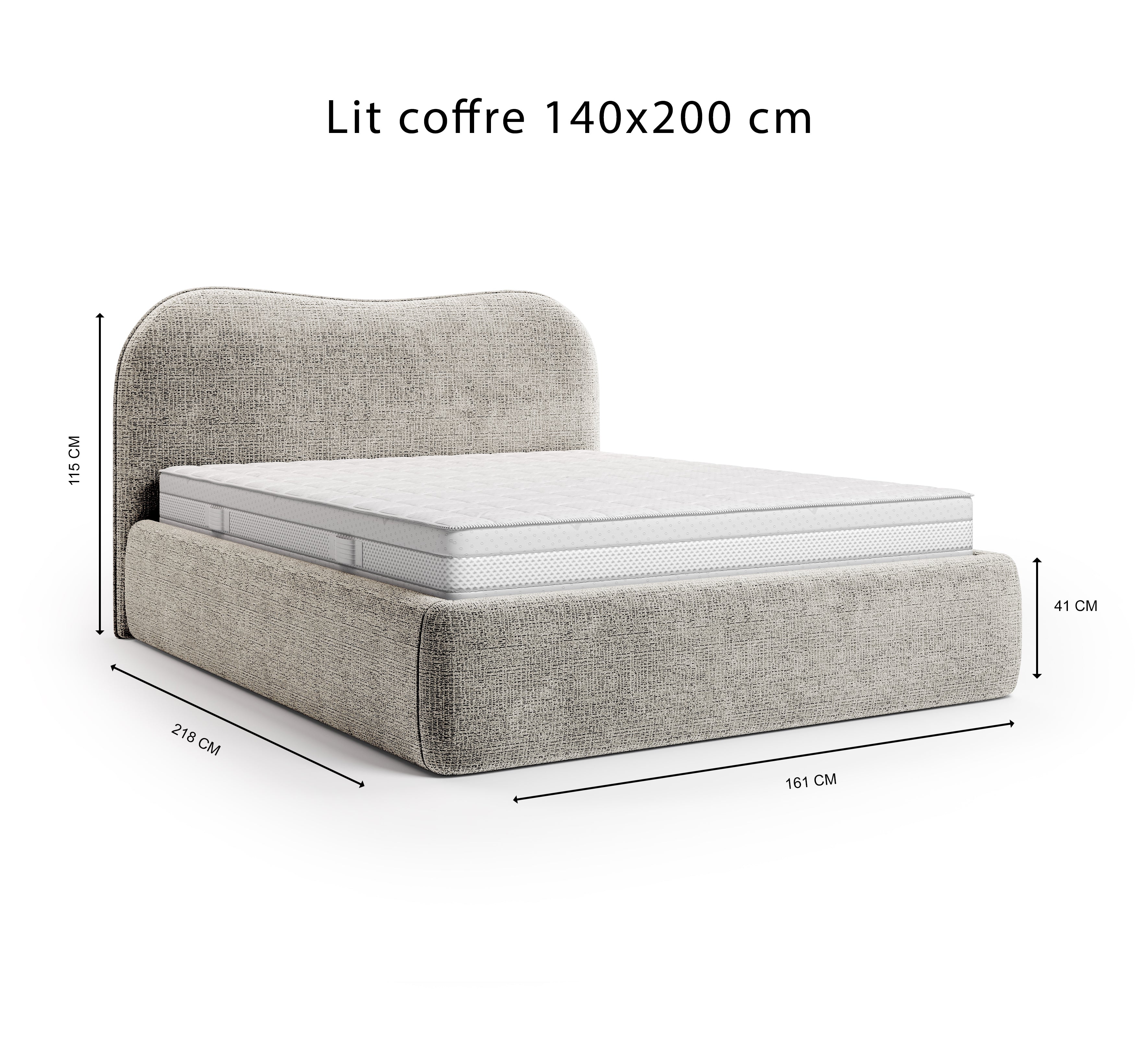 Lit coffre Gravilliers 140x200 cm en tissu chenille gris clair Paname Avenue, schéma des dimensions du lit