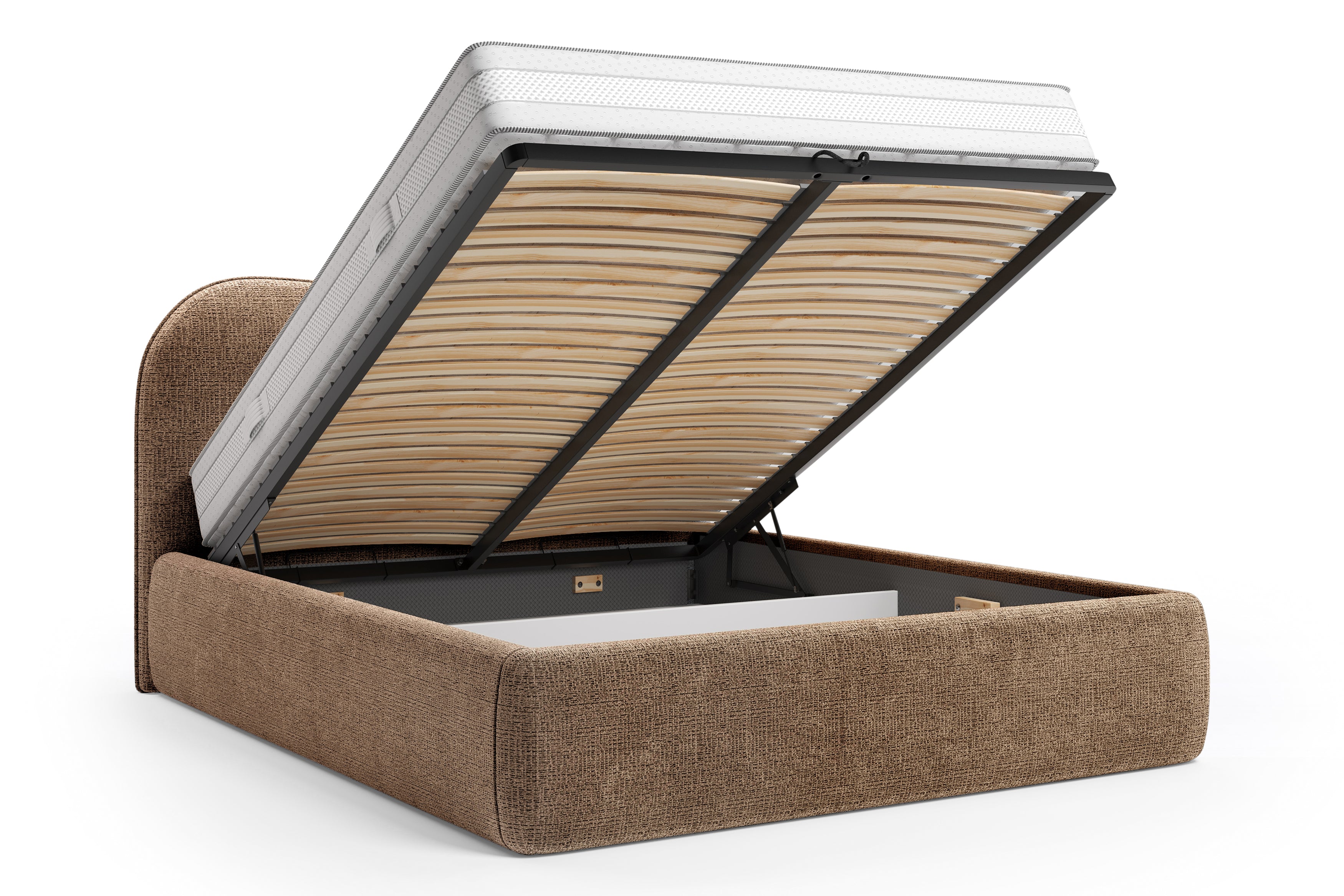 Lit coffre Gravilliers 140x200 cm en tissu chenille taupe Paname Avenue, coffre de rangement ouvert sur fond blanc