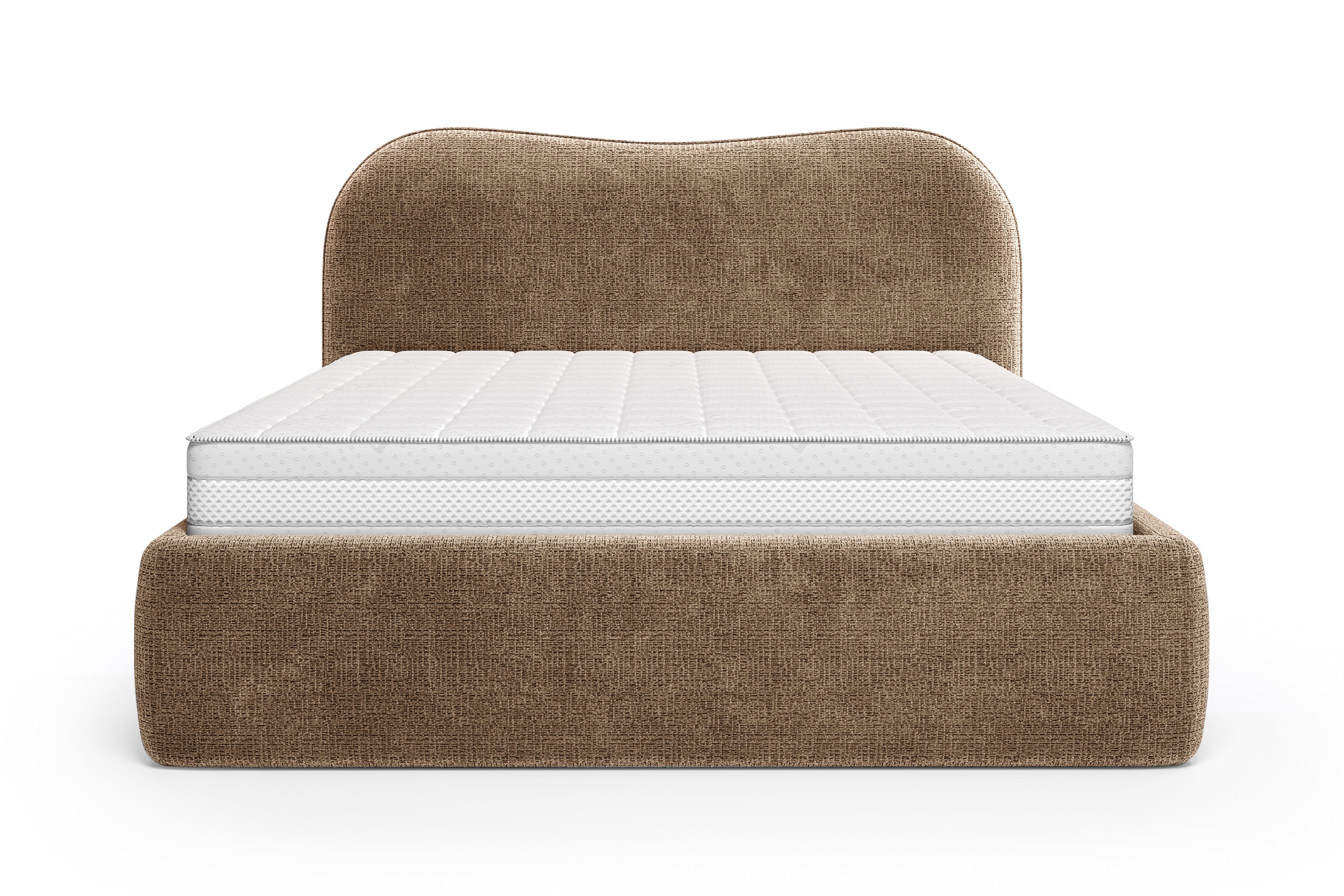 Lit coffre Gravilliers 140x200 cm en tissu chenille taupe Paname Avenue, vue de face sur fond blanc